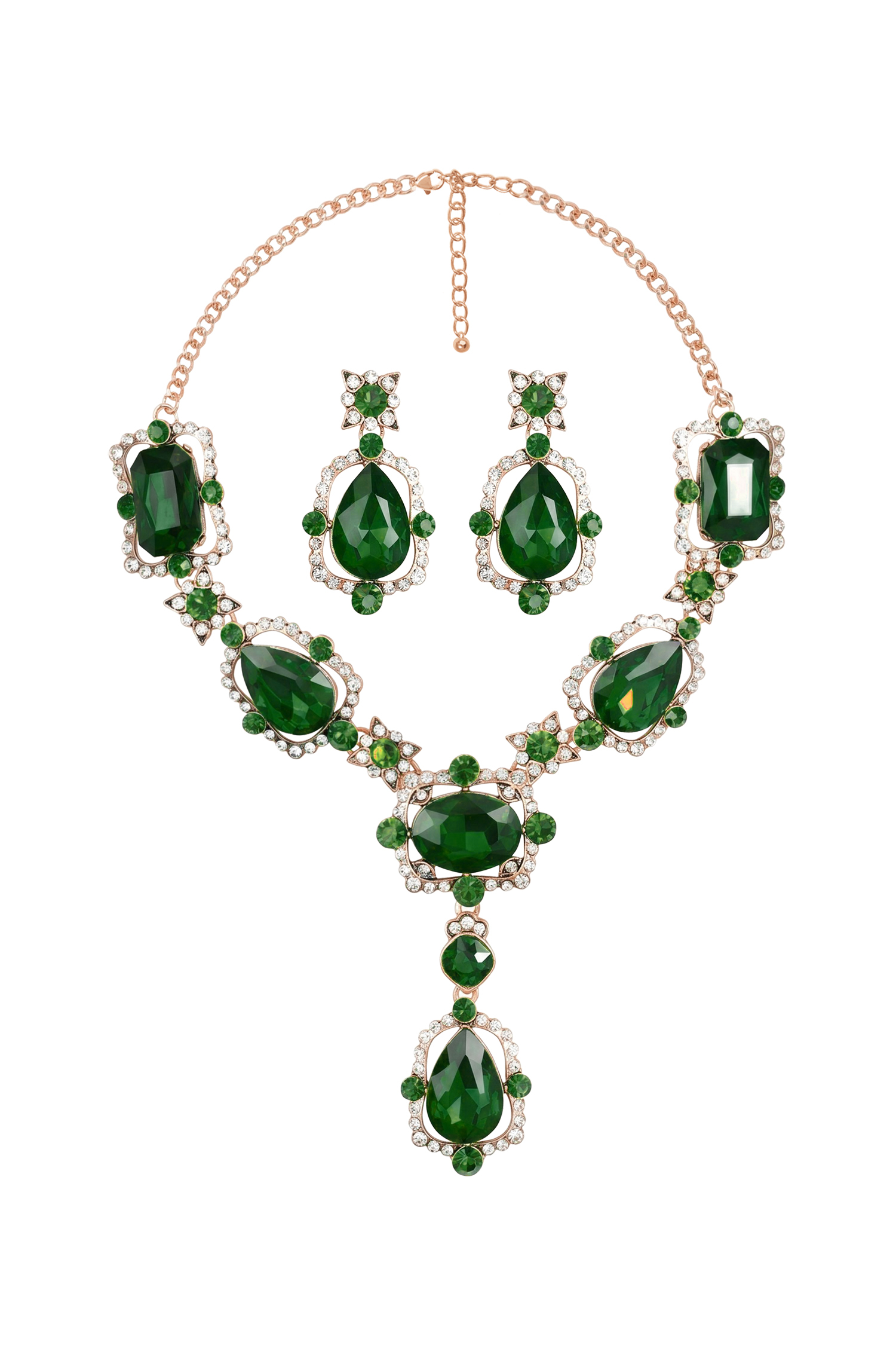 Selien Elowen Teardrop Zircon Crystal Green Necklace Earrings Set