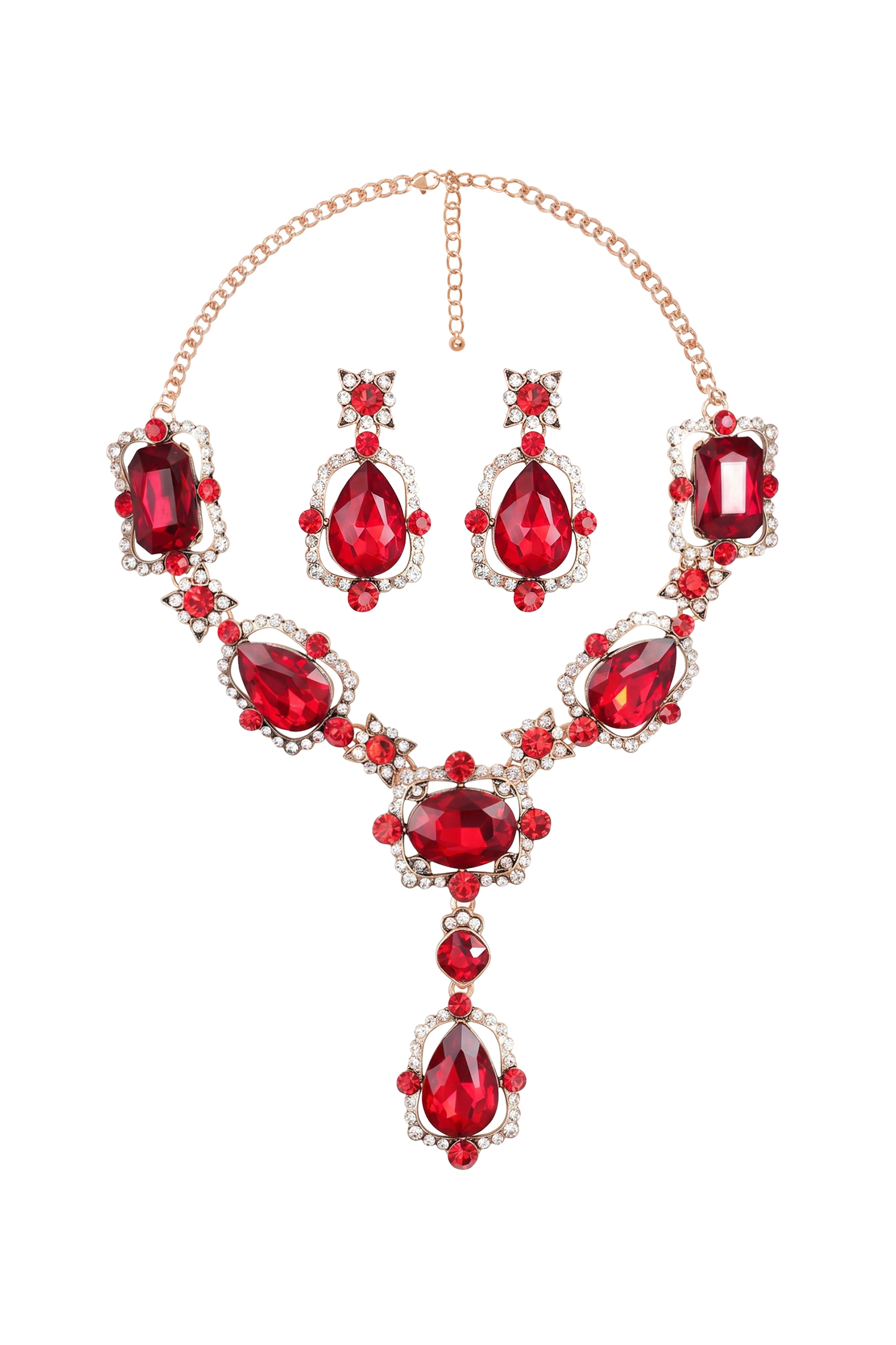 Selien Elowen Teardrop Zircon Crystal Red Necklace Earrings Set