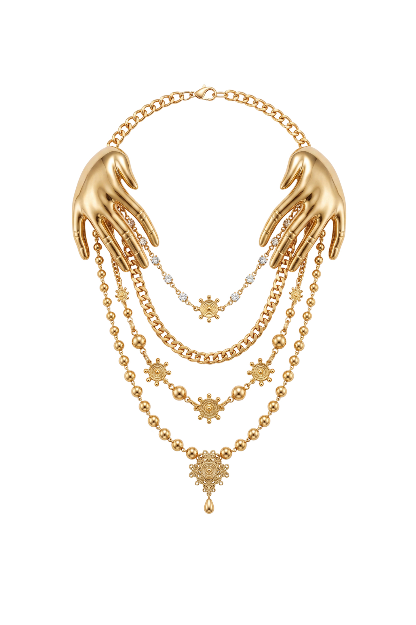Giant Statement Gold Tone Hand‑Shaped Necklace