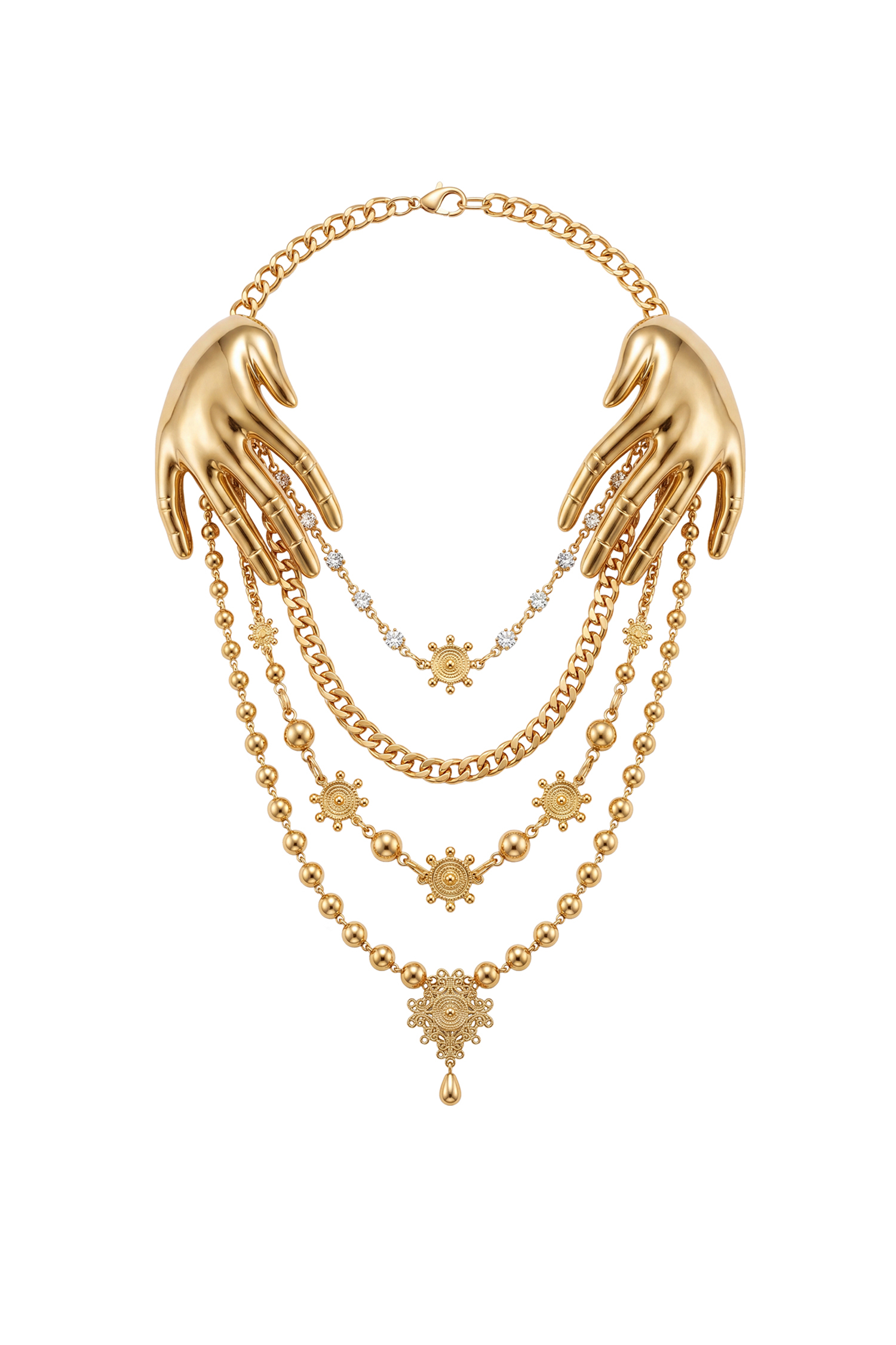 Giant Statement Gold Tone Hand‑Shaped Necklace