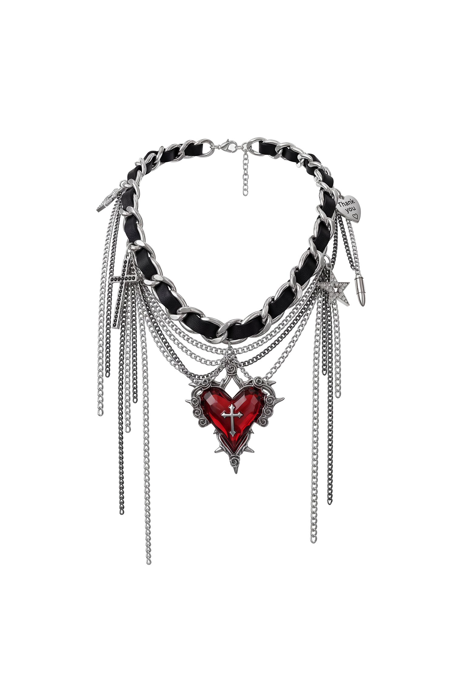 Yarera Dark Thorn Red Heart Cross Multi Layer Tassel Necklace