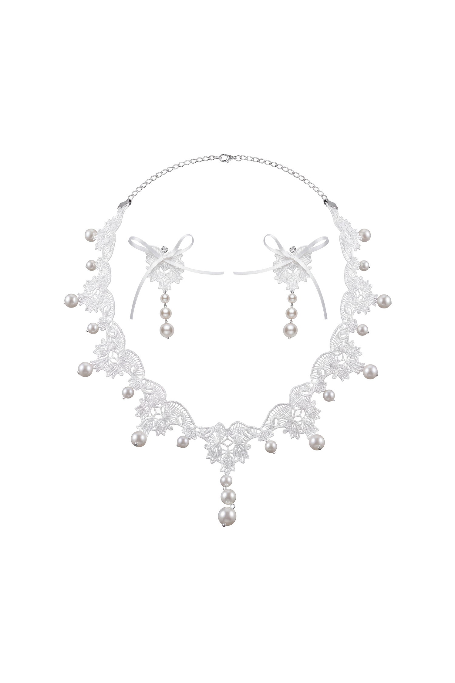Yannei Vintage Lace Pearl Bow Necklace Earring Set