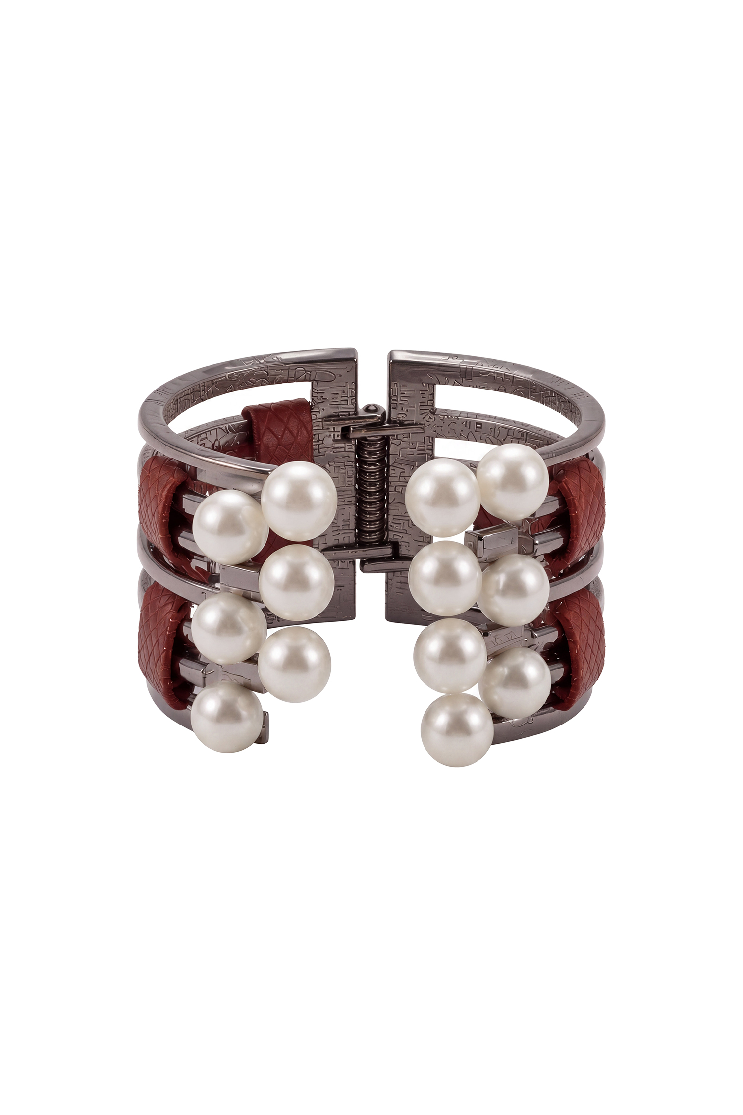 Korasa Wine Red Leather Pearl Wide Bangle