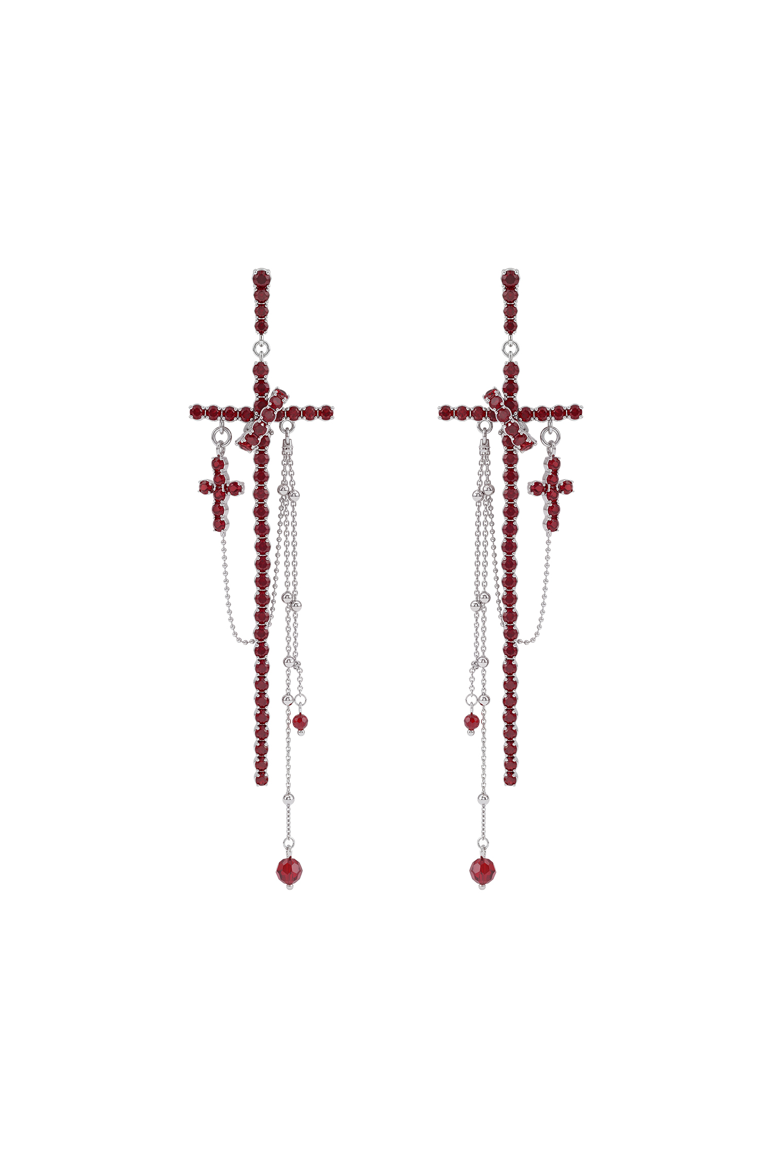 Subra Cross Red Rhinestone Tassel Earrings