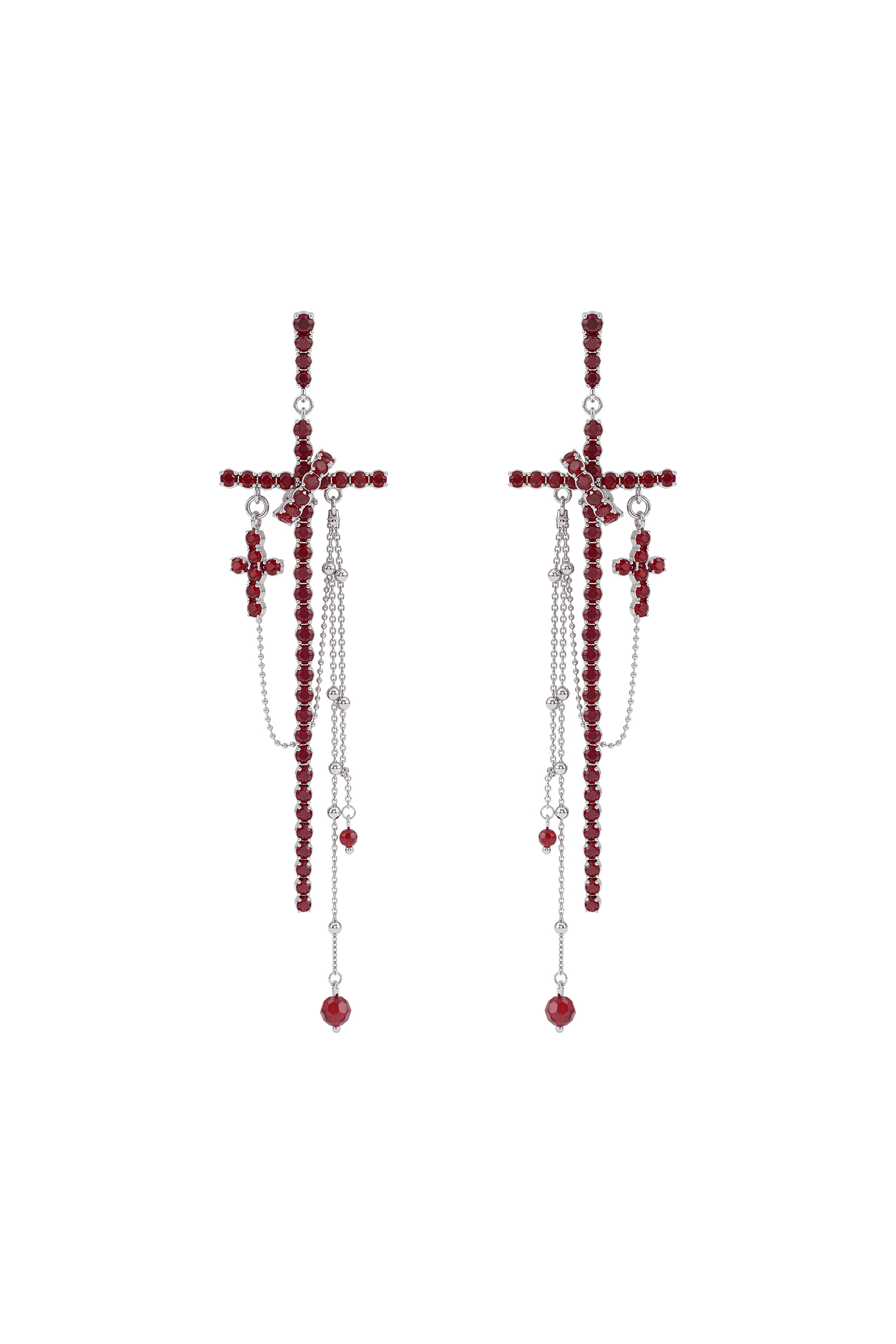 Subra Cross Red Rhinestone Tassel Earrings