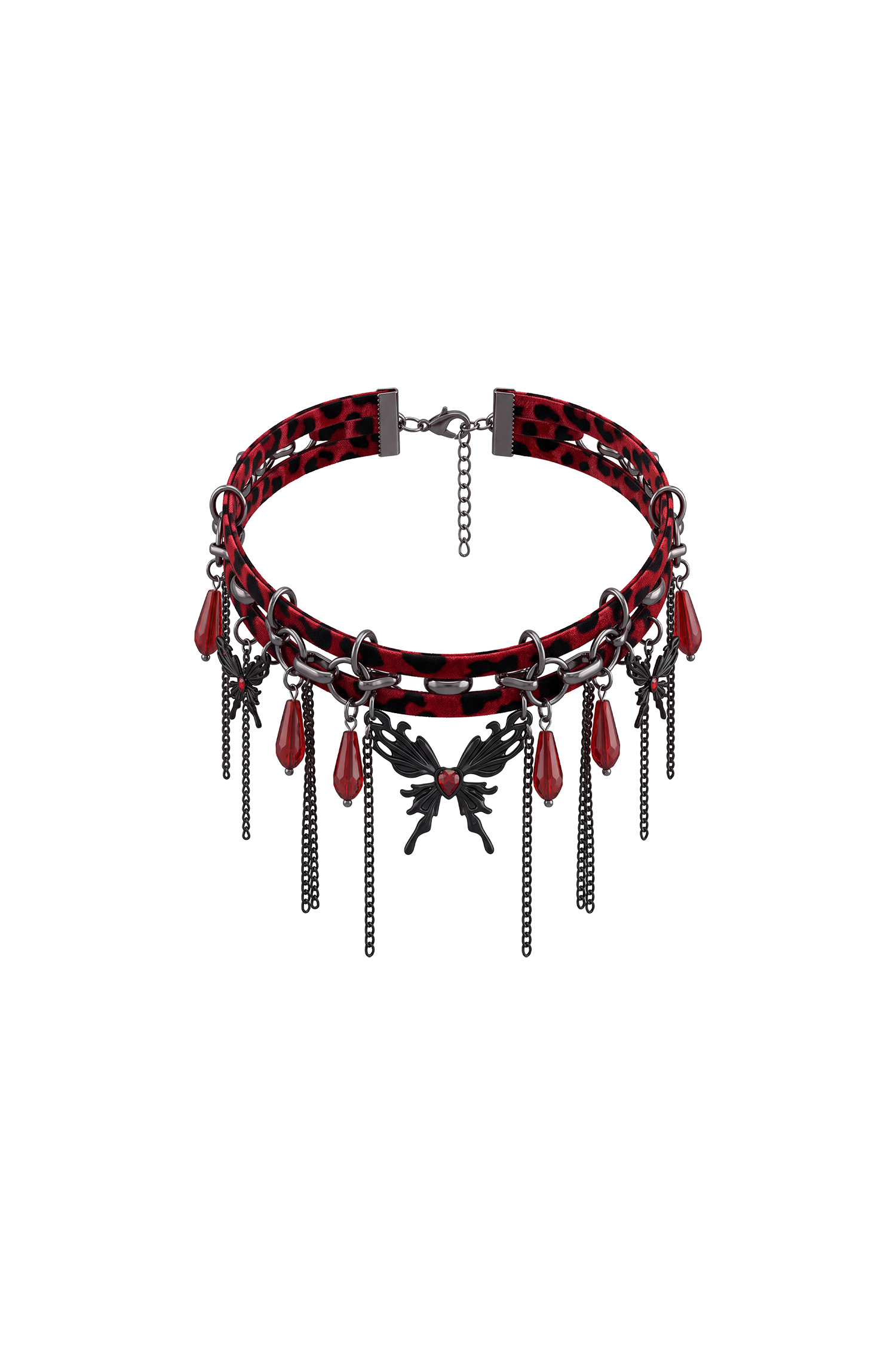 Ymmi Red Black Leopard Butterfly Tassel Choker