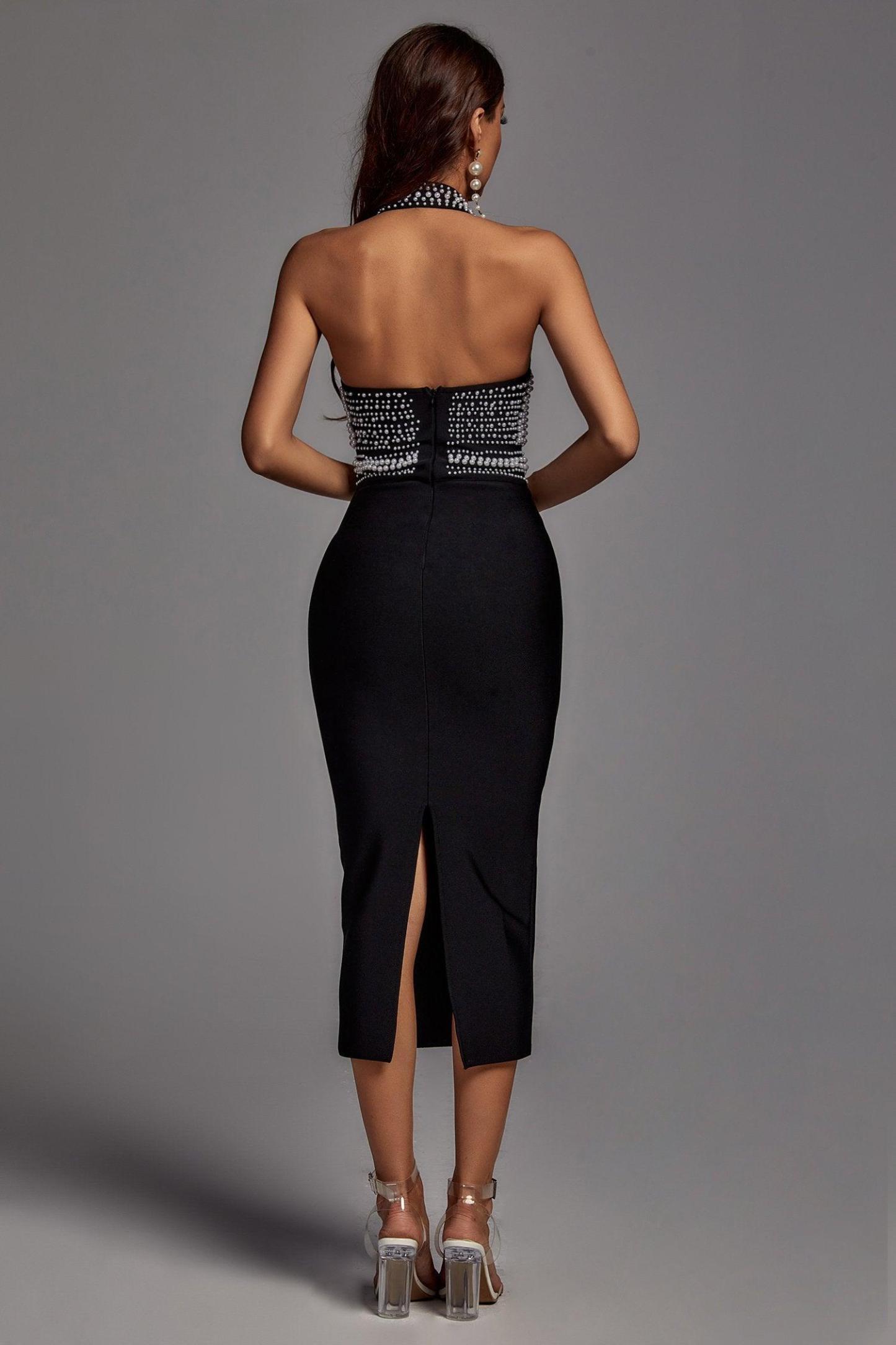 Cornelia Pearl Halter Bandage Dress - Black - Bellabarnett