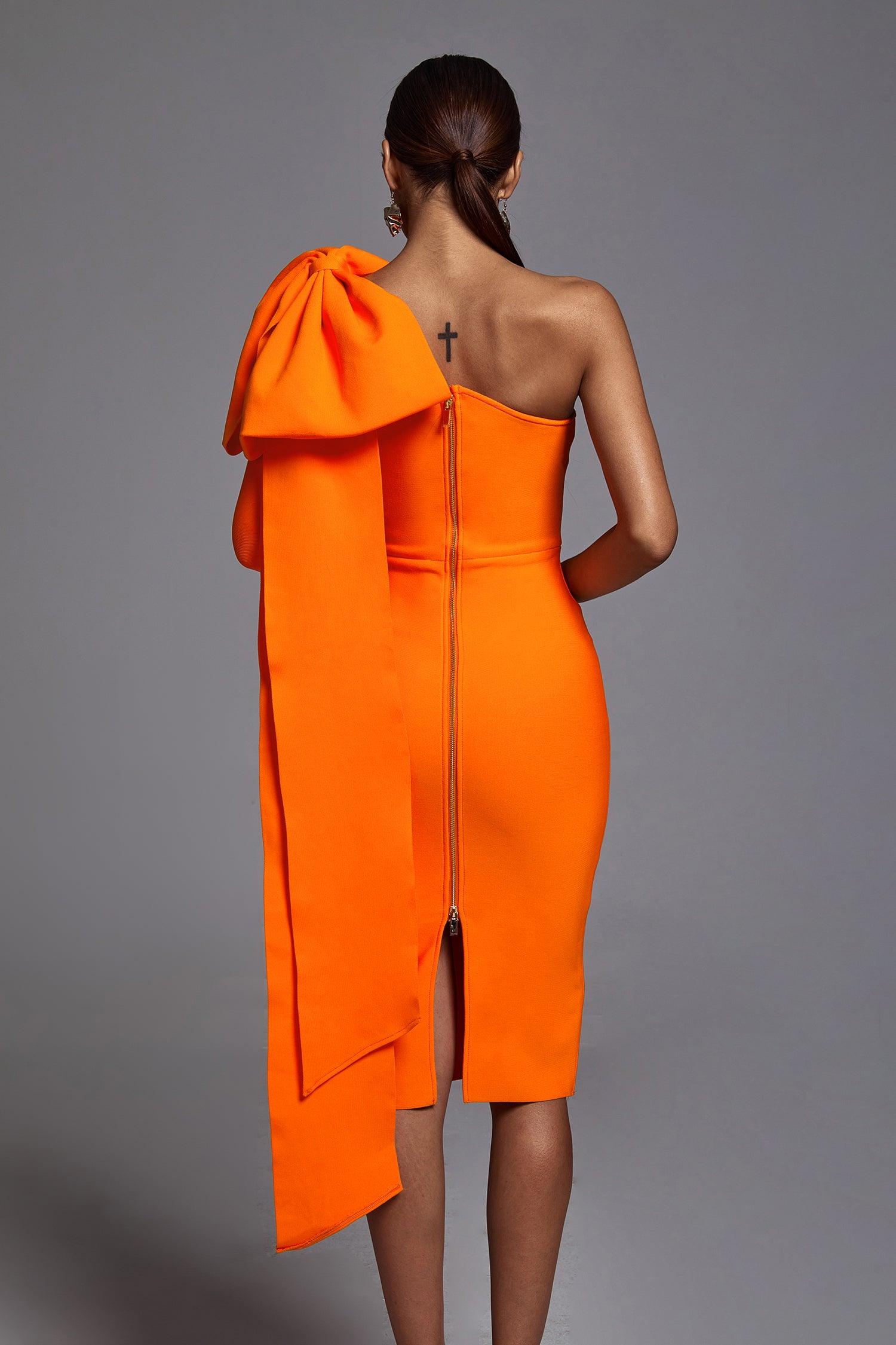 Abbey Orange One Shoulder Bandage Dress - Bellabarnett