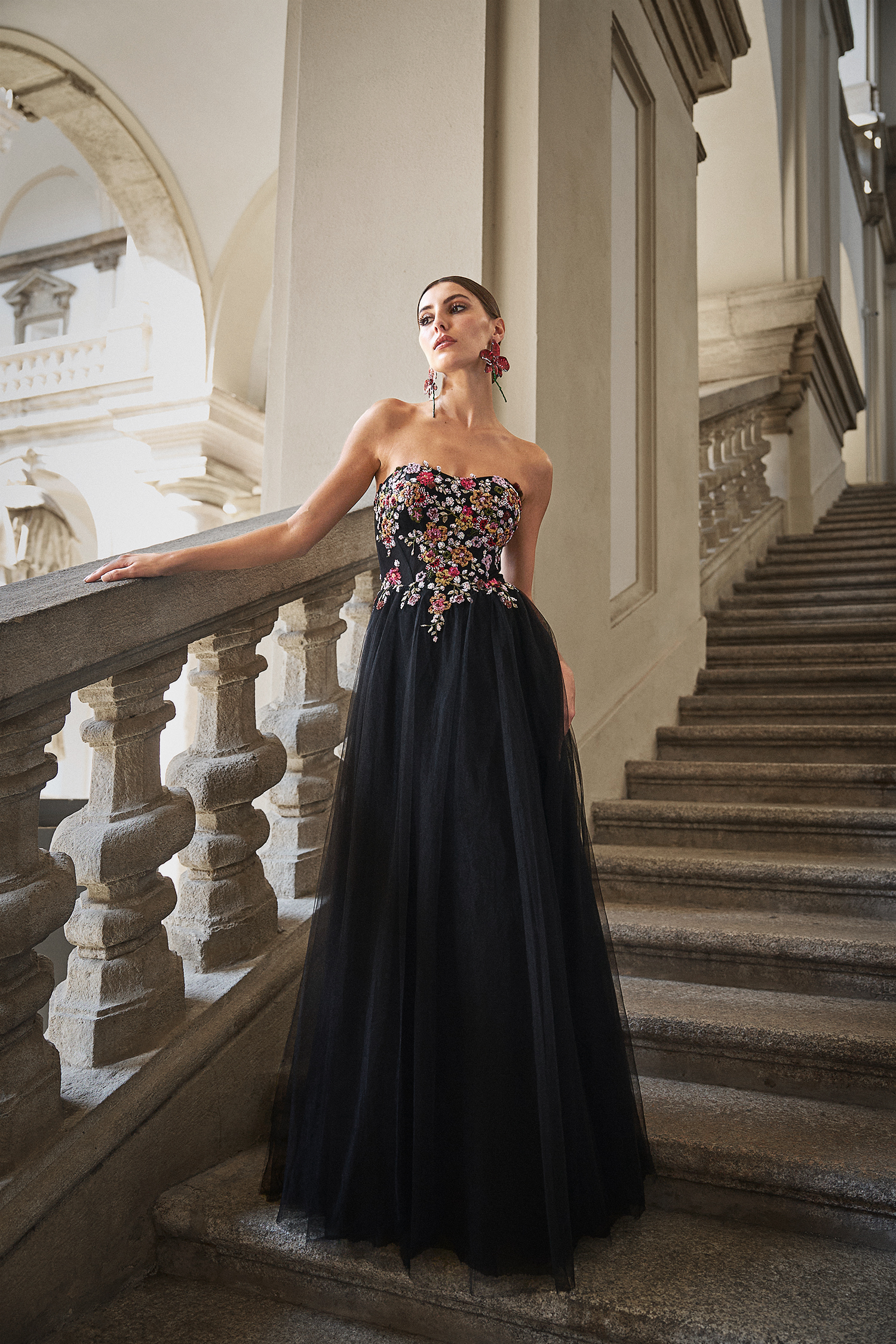 Timesha Strapless Floral Embroidered High Slit Maxi Dress