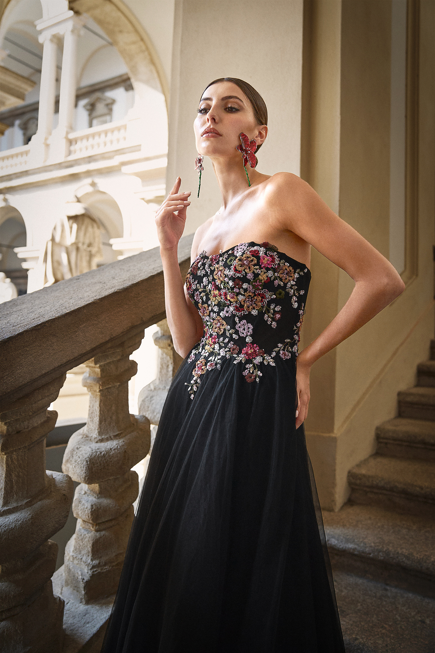 Timesha Strapless Floral Embroidered High Slit Maxi Dress