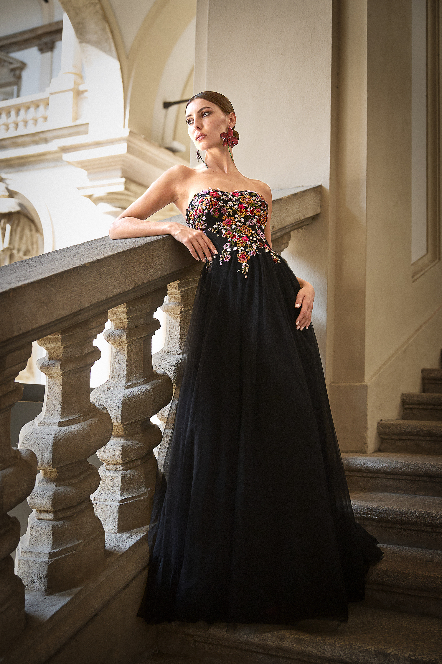 Timesha Strapless Floral Embroidered High Slit Maxi Dress