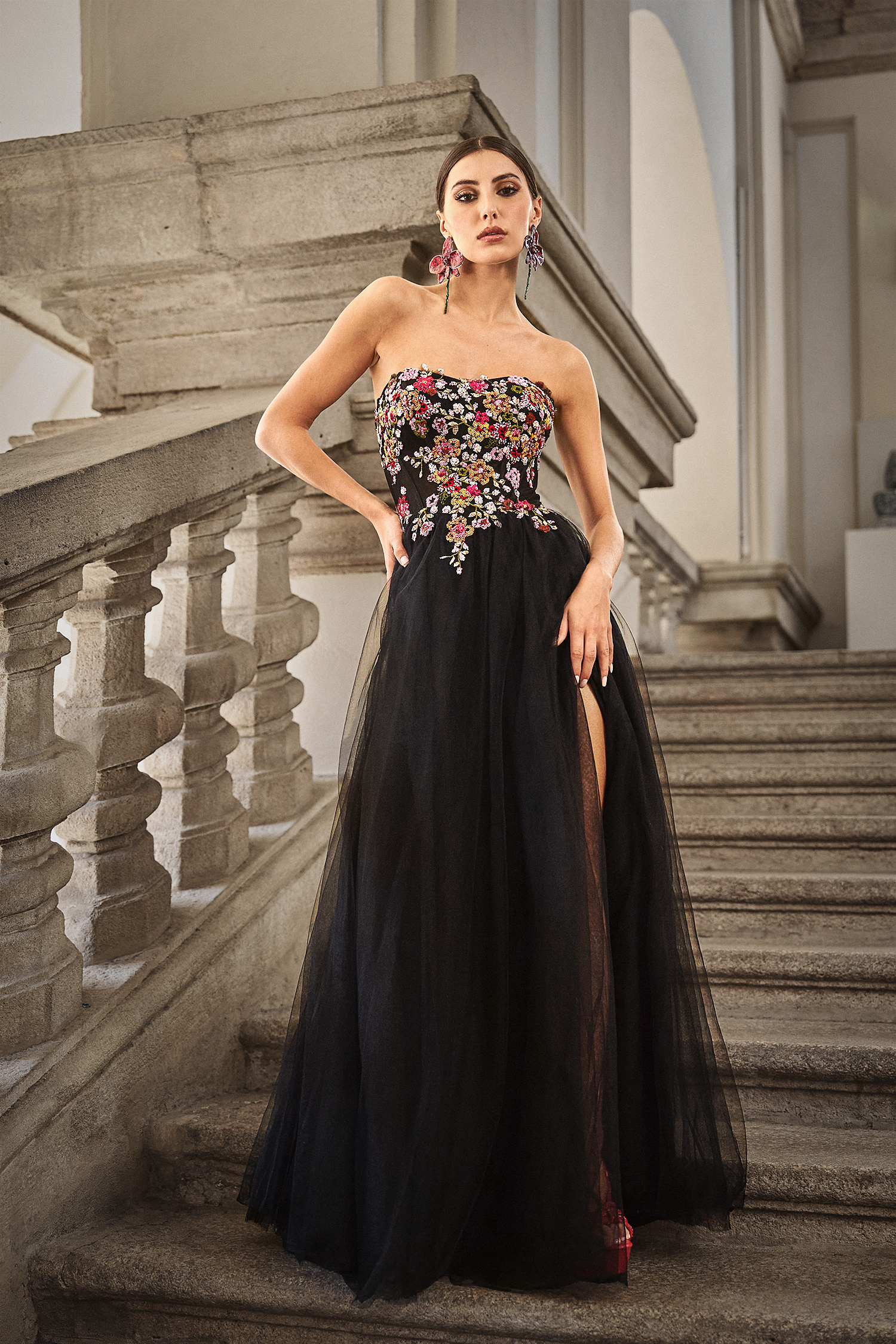 Timesha Strapless Floral Embroidered High Slit Maxi Dress