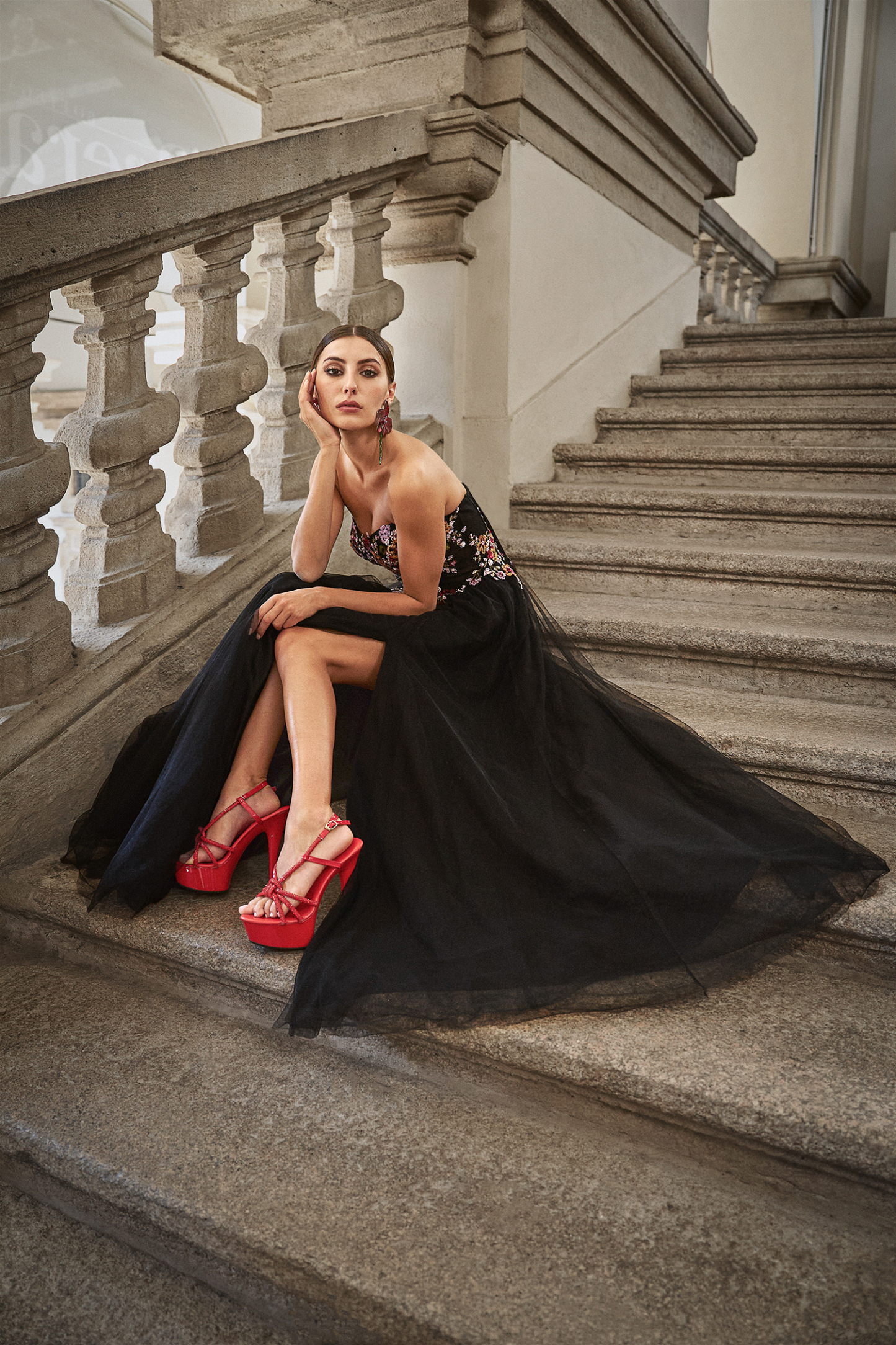 Timesha Strapless Floral Embroidered High Slit Maxi Dress