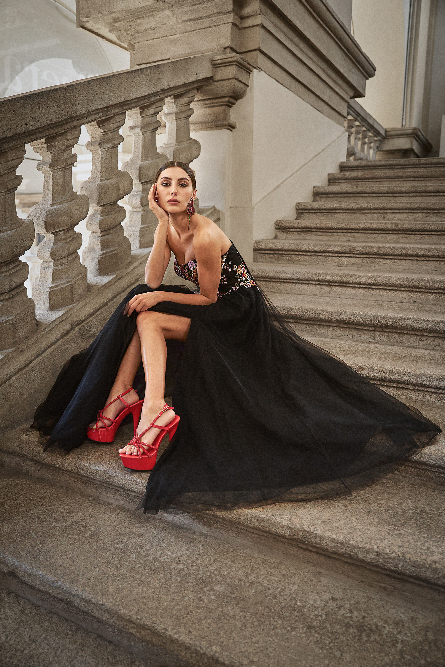 Timesha Strapless Floral Embroidered High Slit Maxi Dress