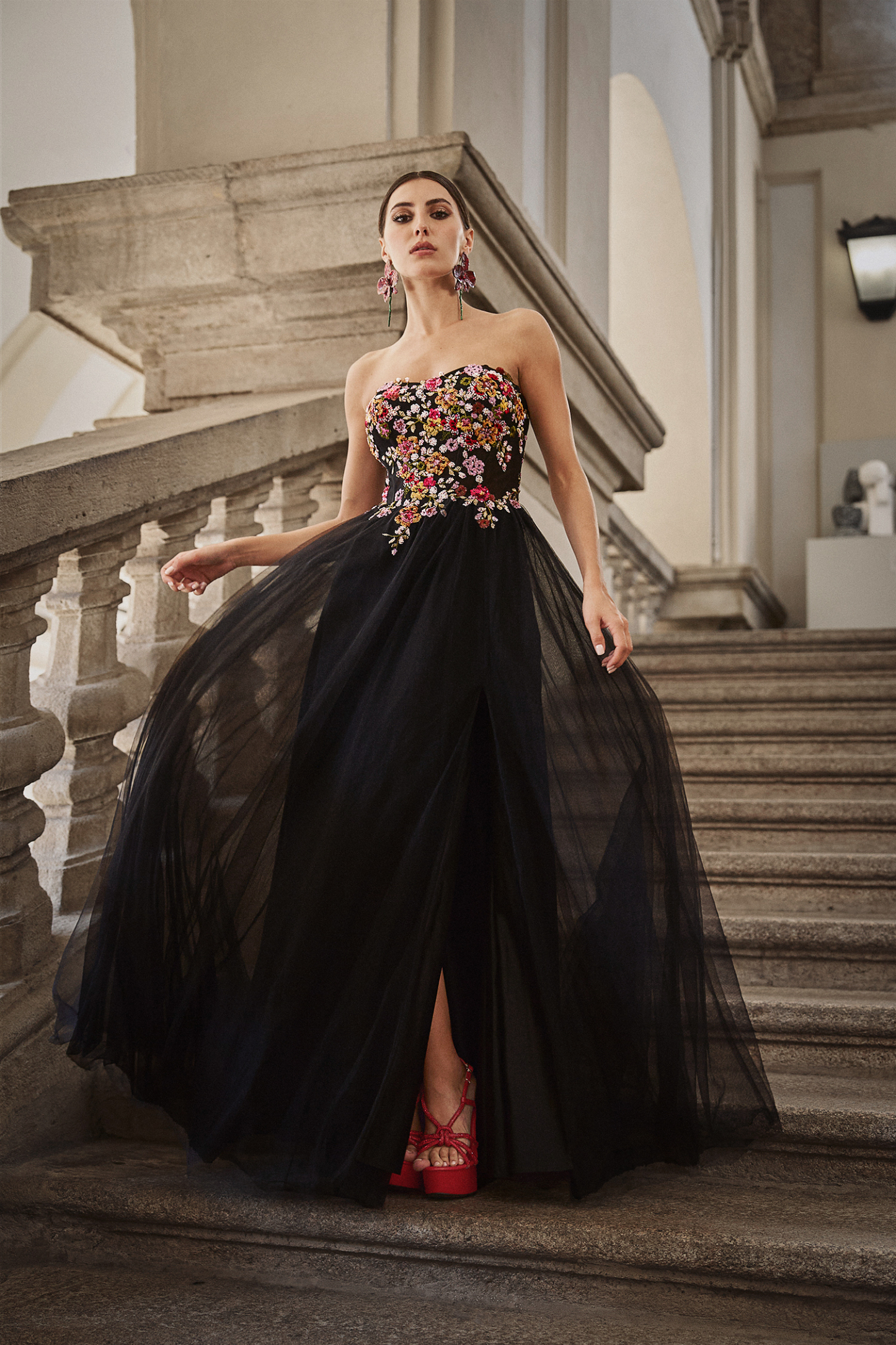 Timesha Strapless Floral Embroidered High Slit Maxi Dress