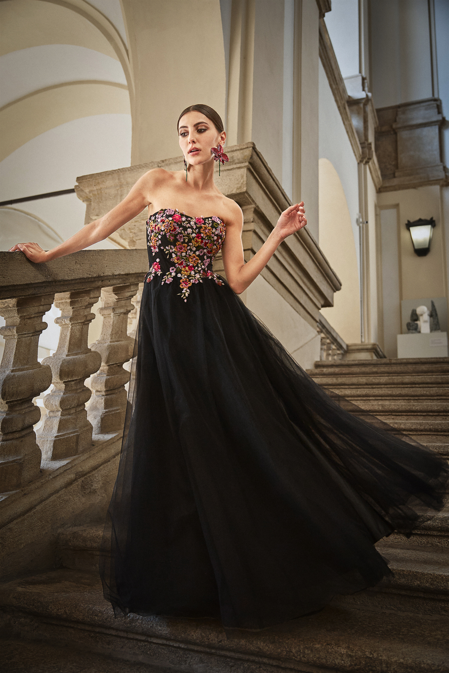 Timesha Strapless Floral Embroidered High Slit Maxi Dress