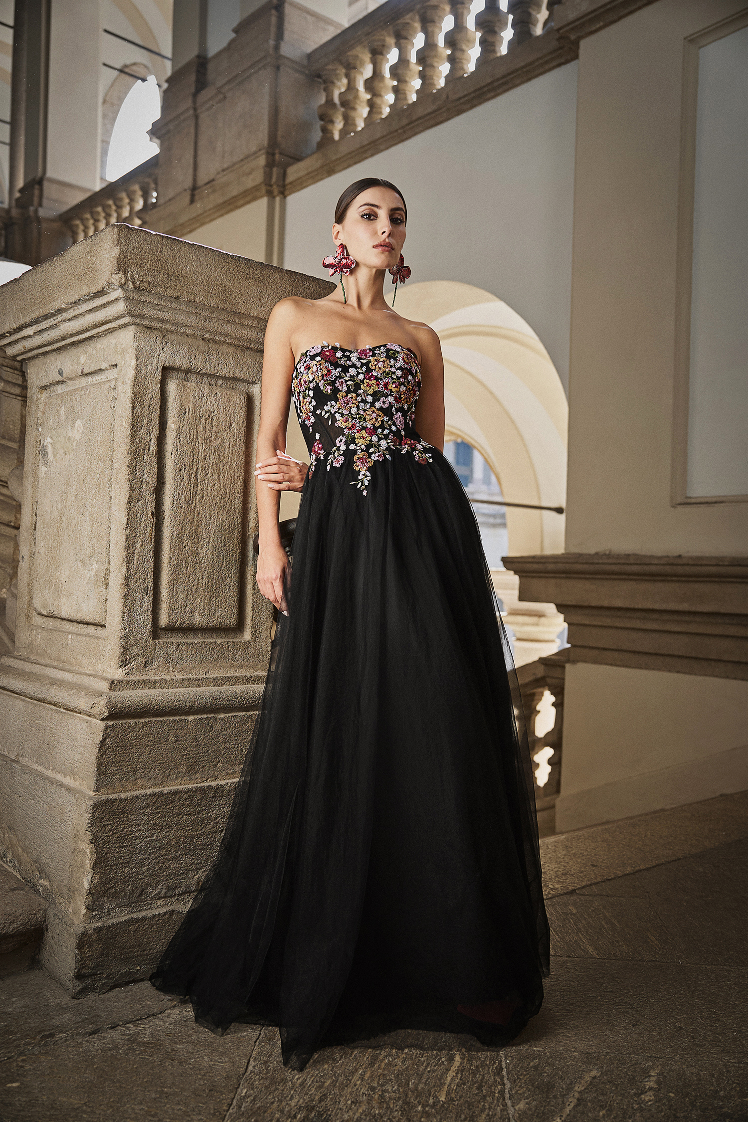 Timesha Strapless Floral Embroidered High Slit Maxi Dress