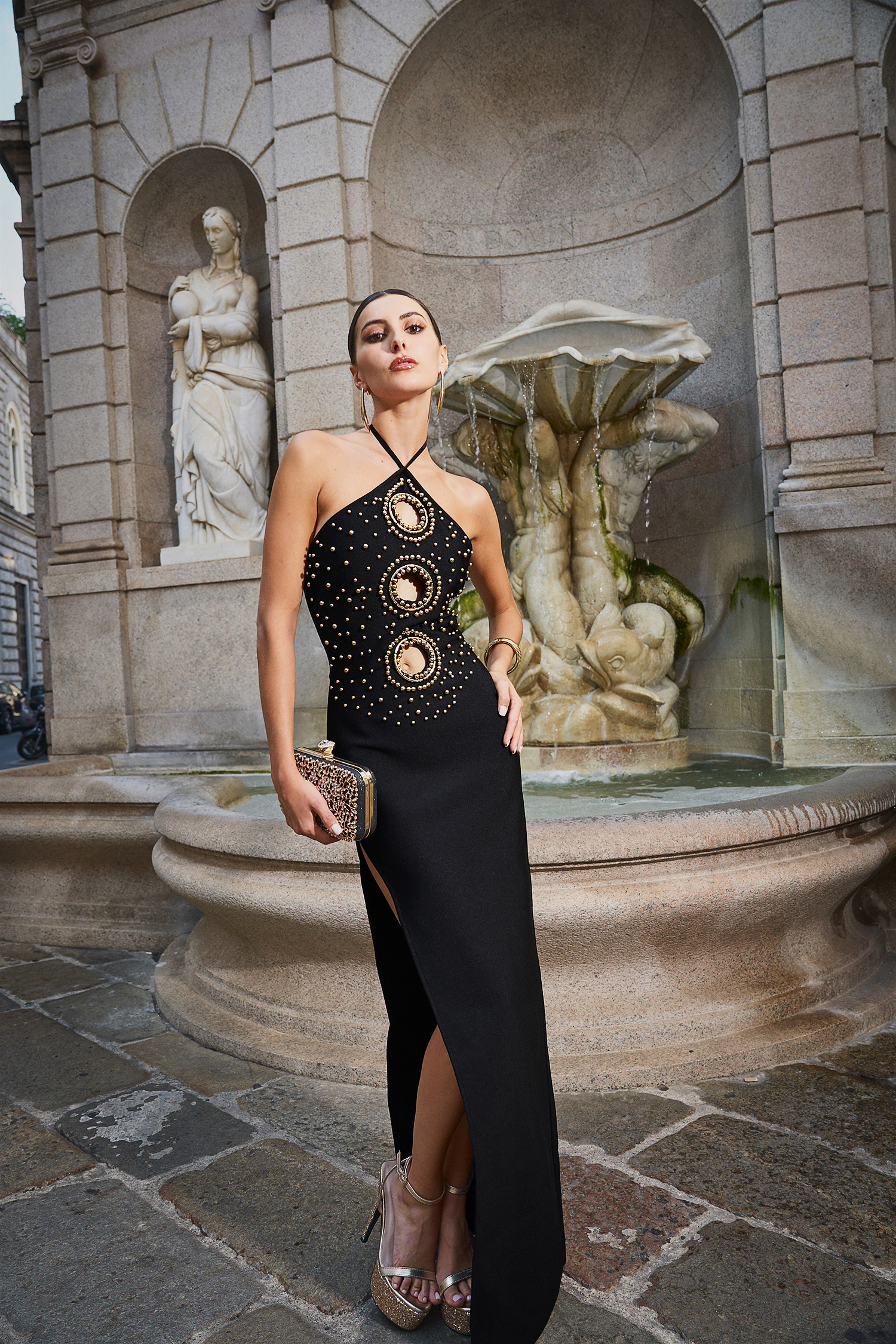 Mota High Slit Hollow Halter Bandage Maxi Dress