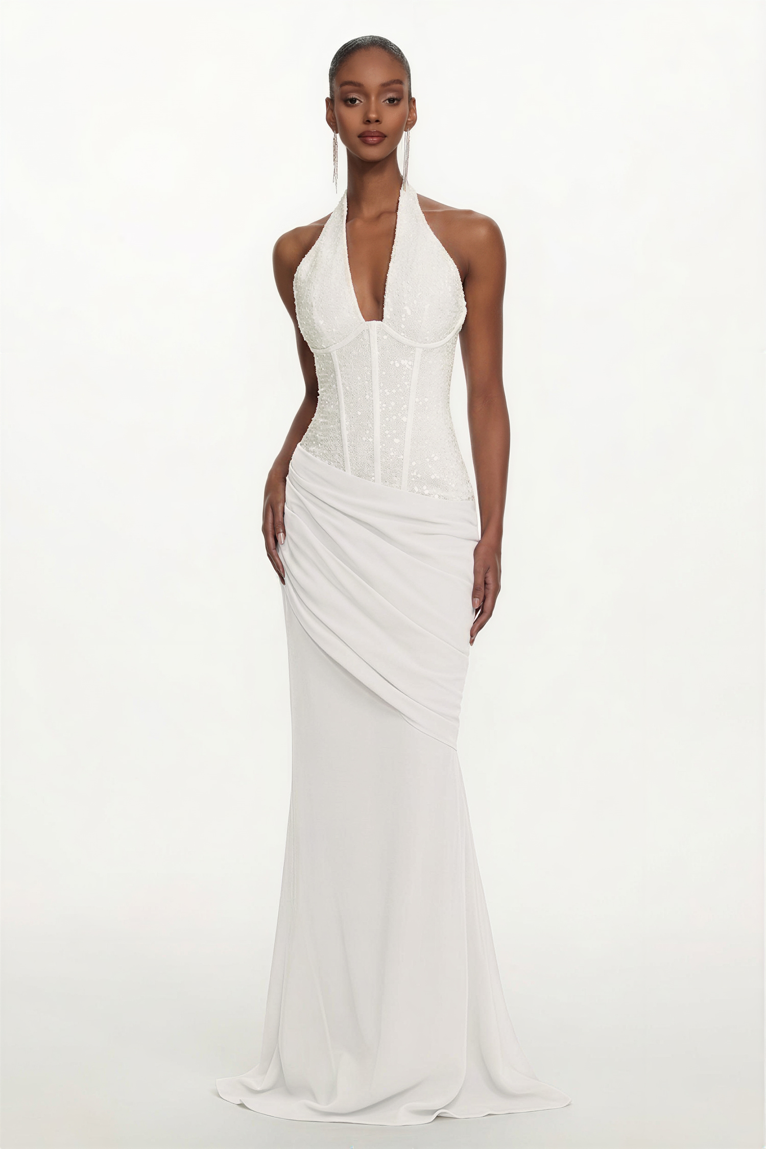 NEW様 Theodora Chic Contour V Neck Halter Ruched Sequin White Maxi Dress