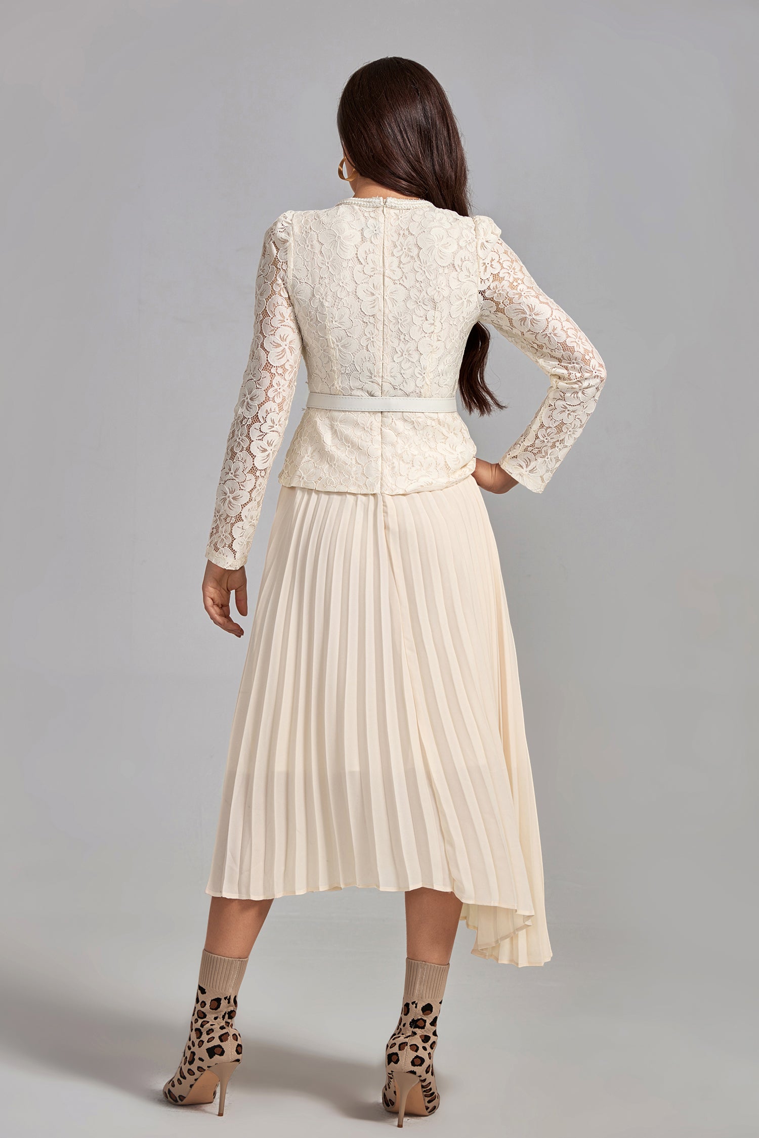 Bella Lace Patchwork Pleated Midi Dress