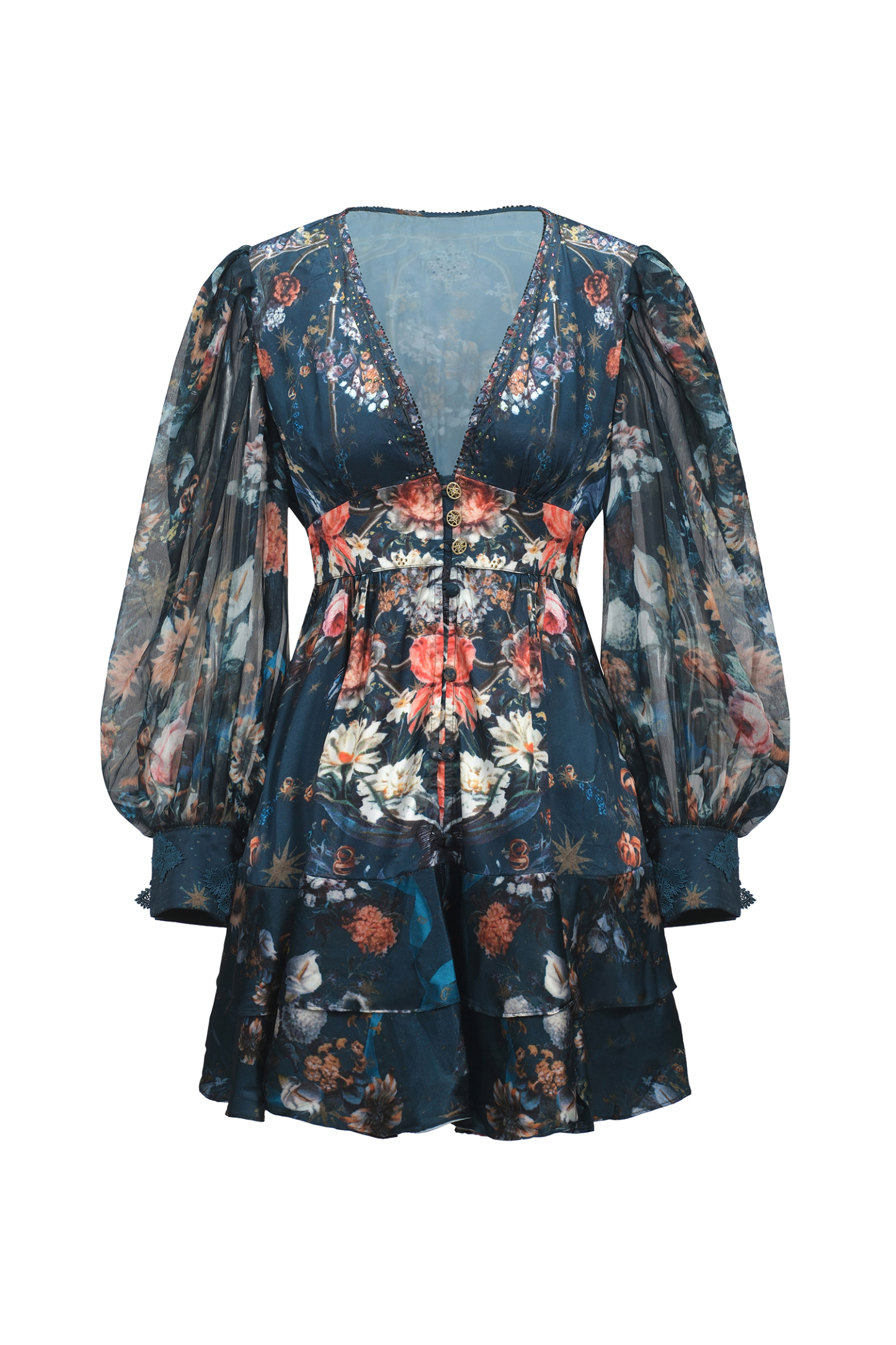 Lina V-Neck Floral Printed Long Sleeves Mini Dress