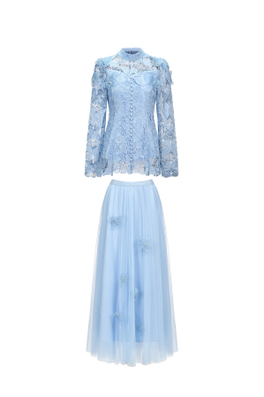 Sabina Long Sleeve Folds Lace Butterfly Top And Skirt Two