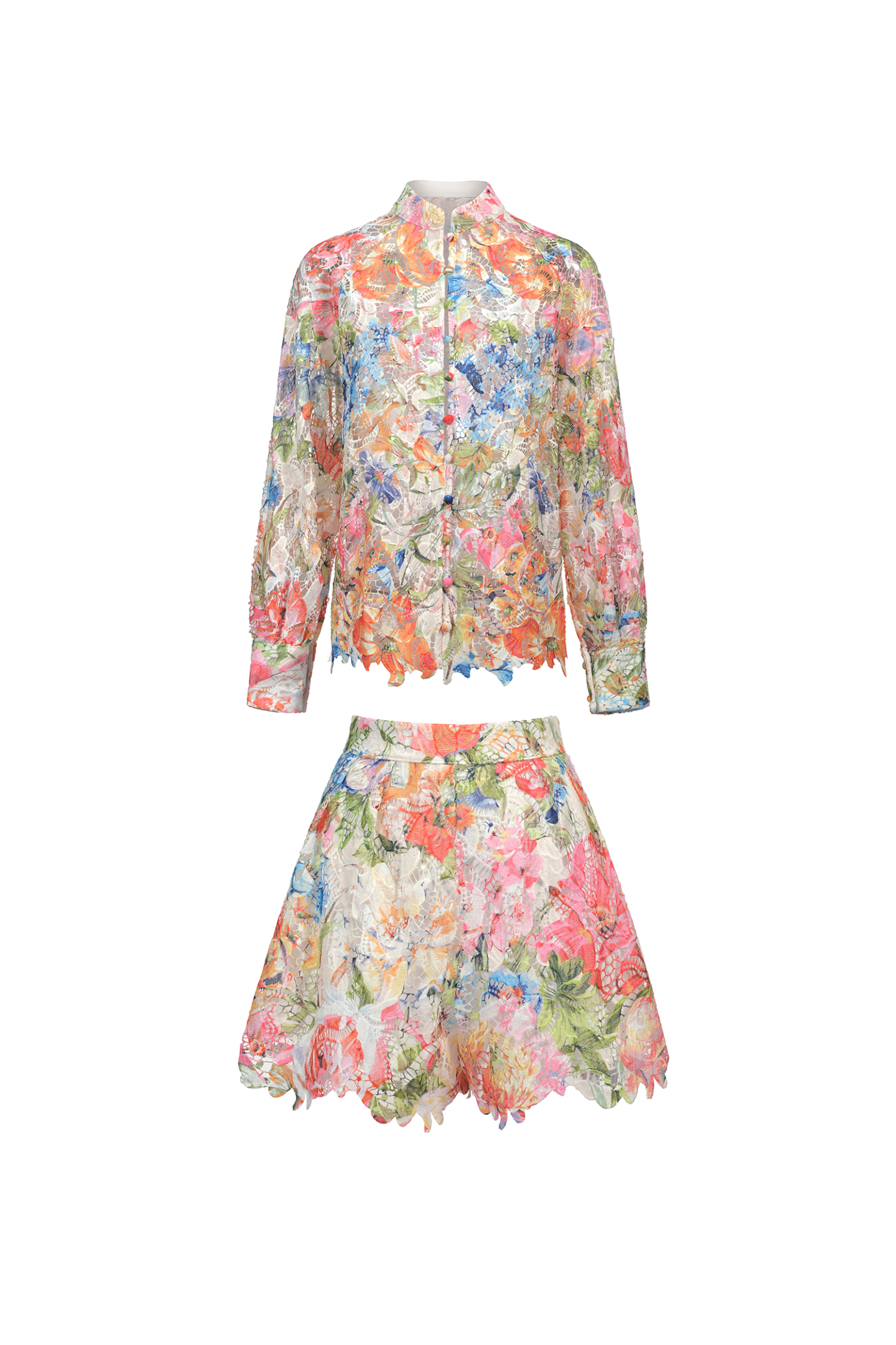 Penpe Long Sleeve Floral Printed Lace Top And Shorts Two-Piece Set