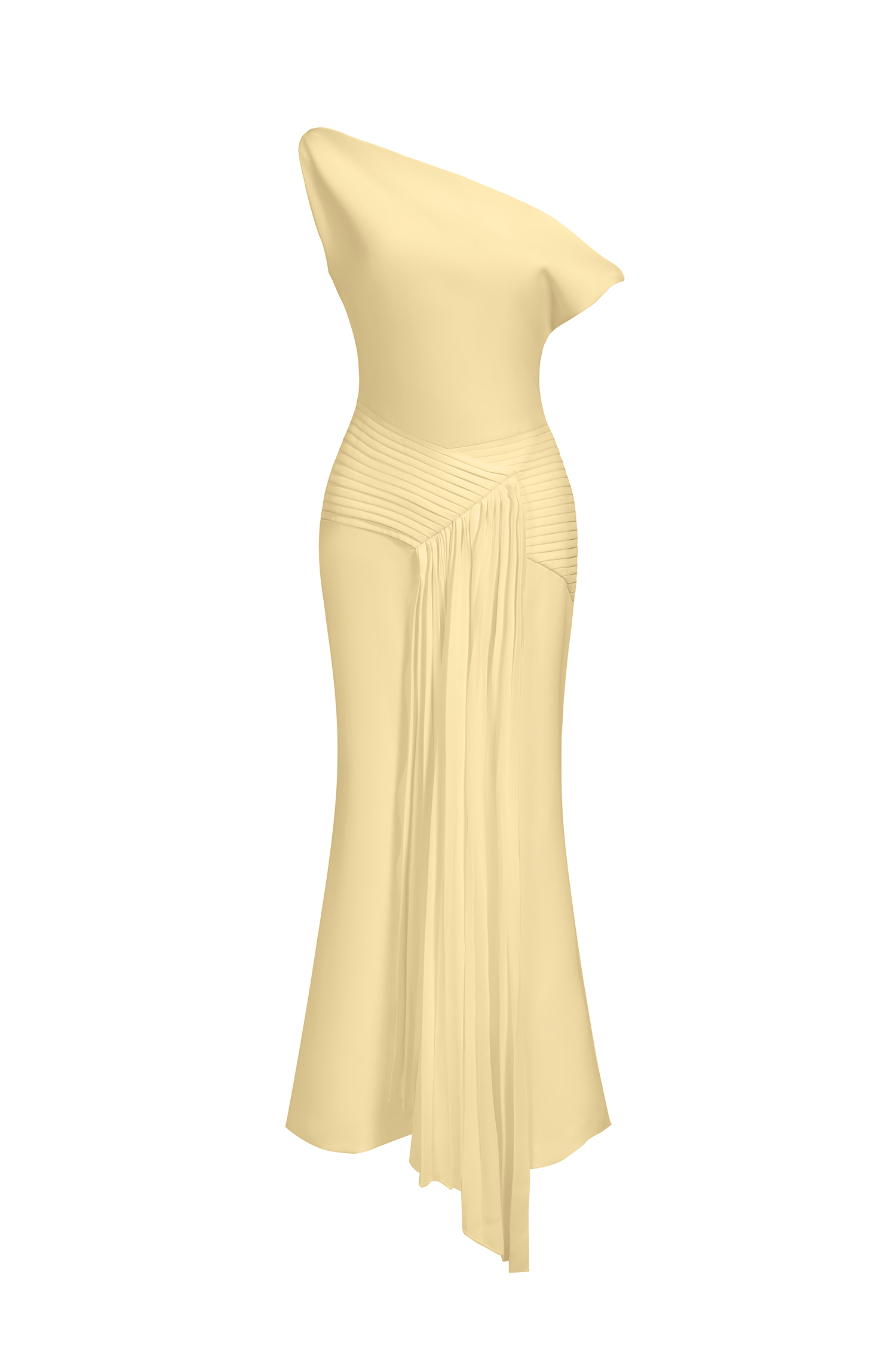 Paulina Oblique Shoulder Sleeveless Folds Yellow Midi Dress