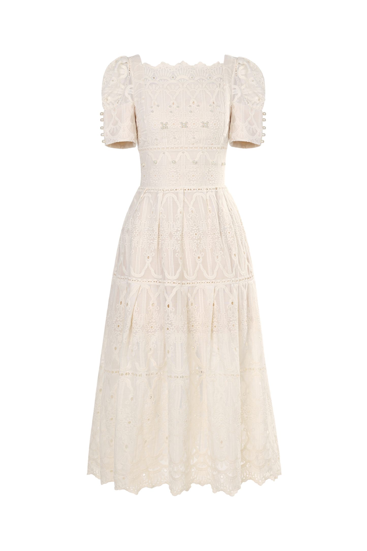 Leko Short Sleeves Pearl Embroidery Midi Dress