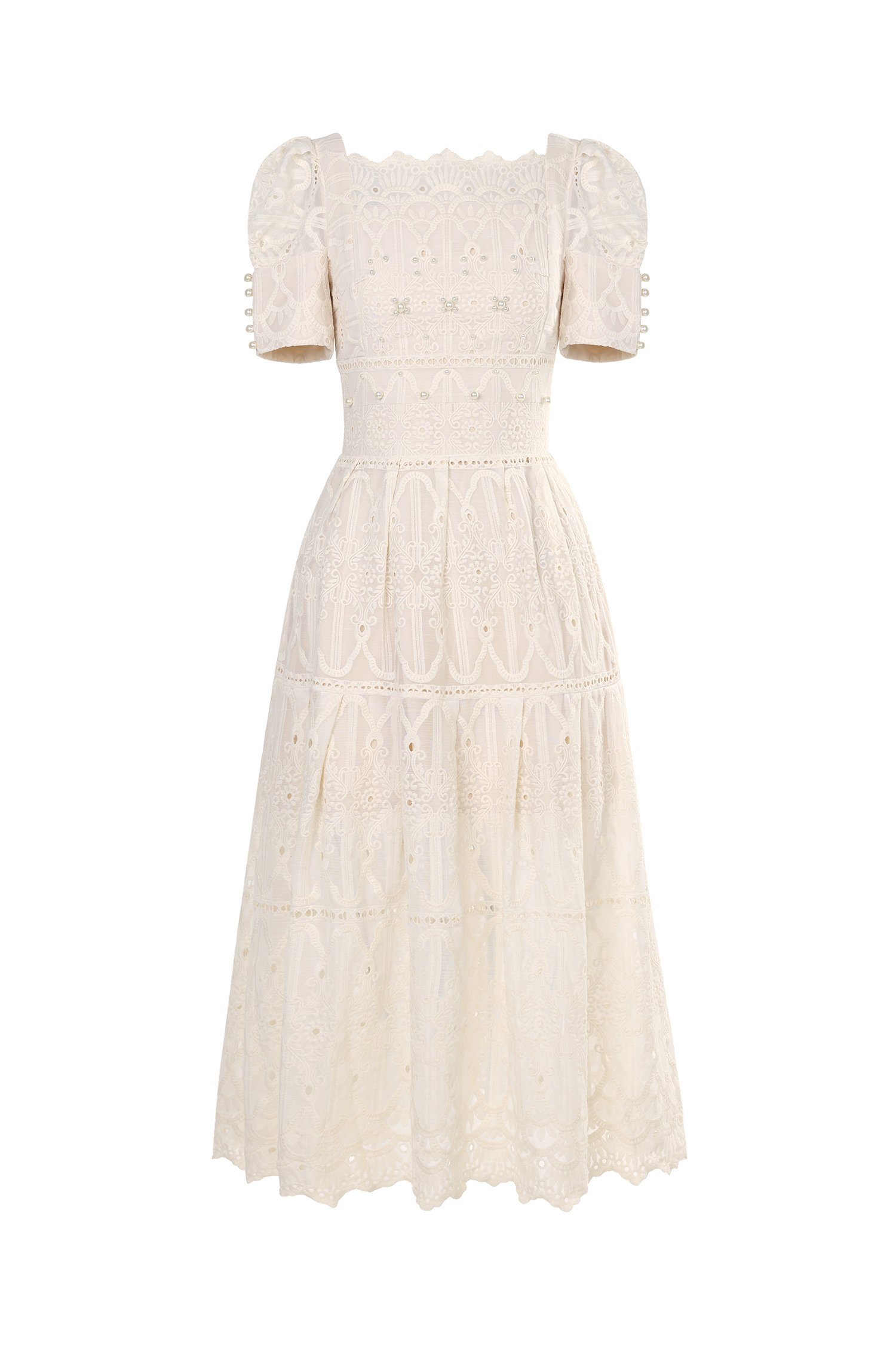 Leko Short Sleeves Pearl Embroidery Midi Dress