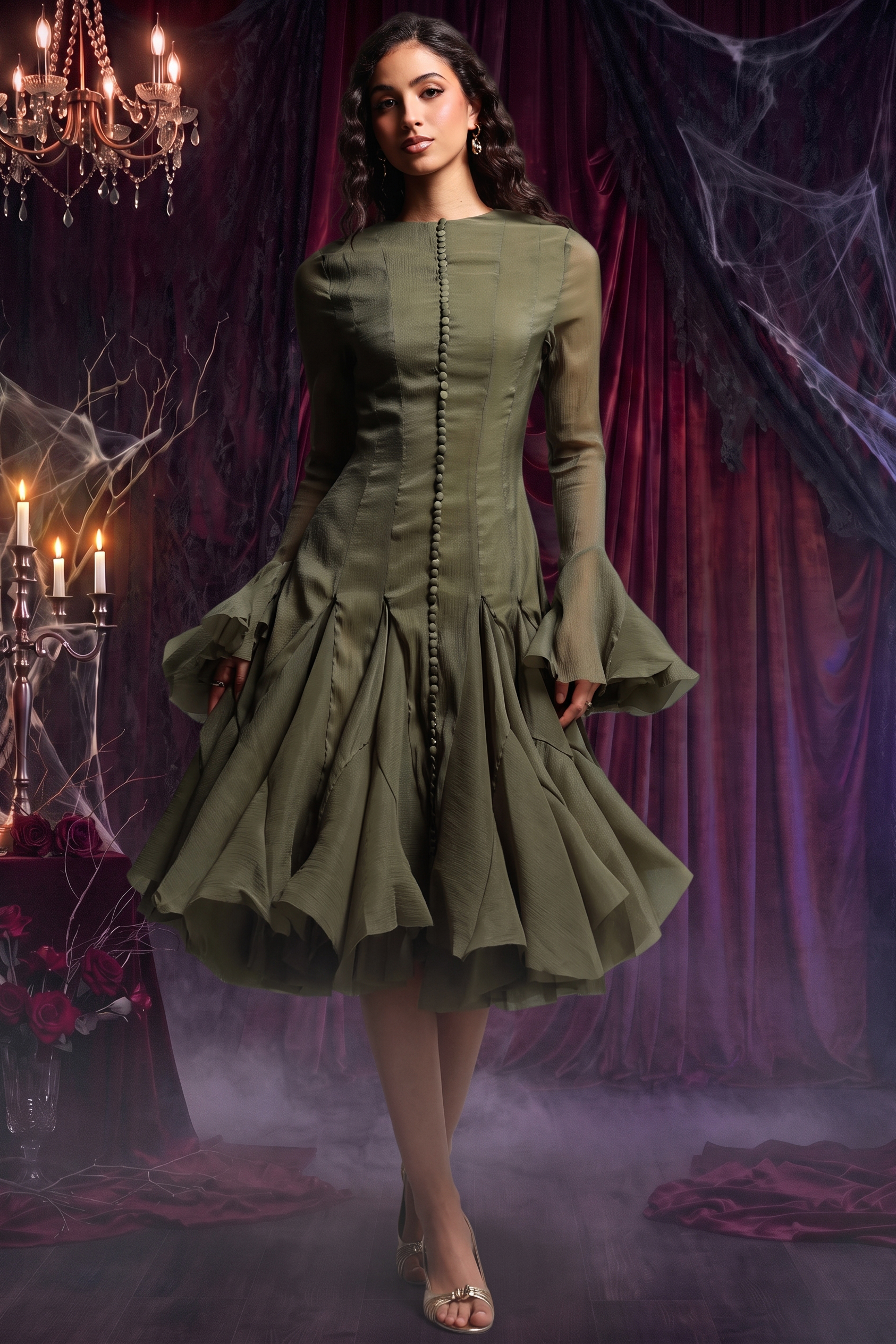 Winnie Long Sleeves Folds Green Midi Dress