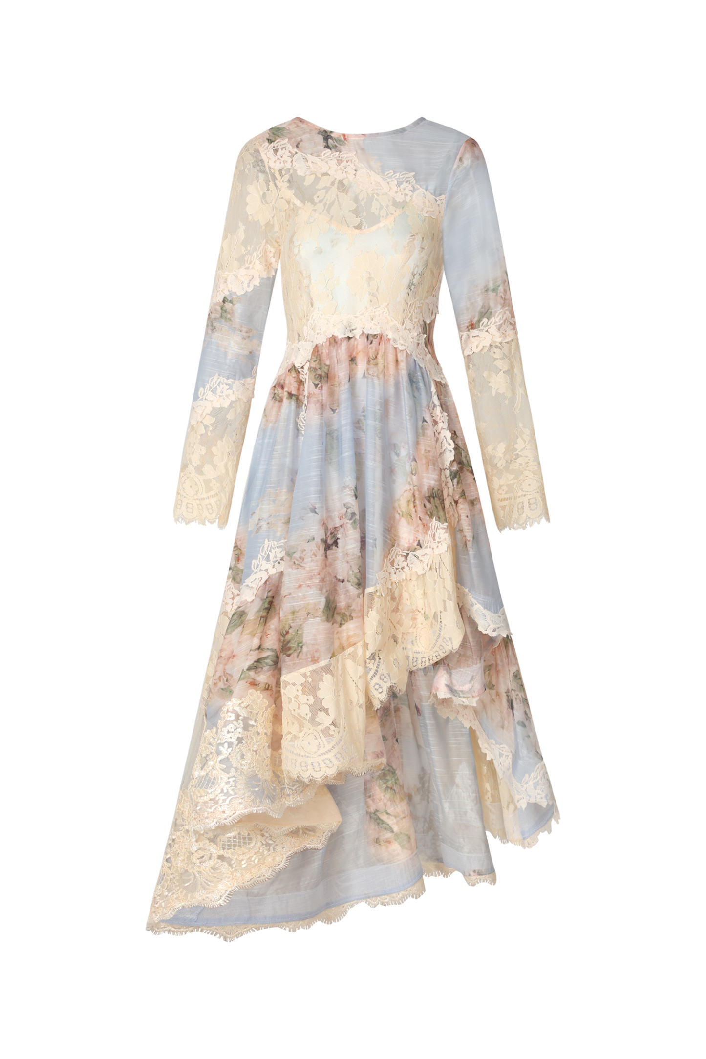 Wanda Long Sleeves Floral Printed Asymmetric Lace Maxi Dress