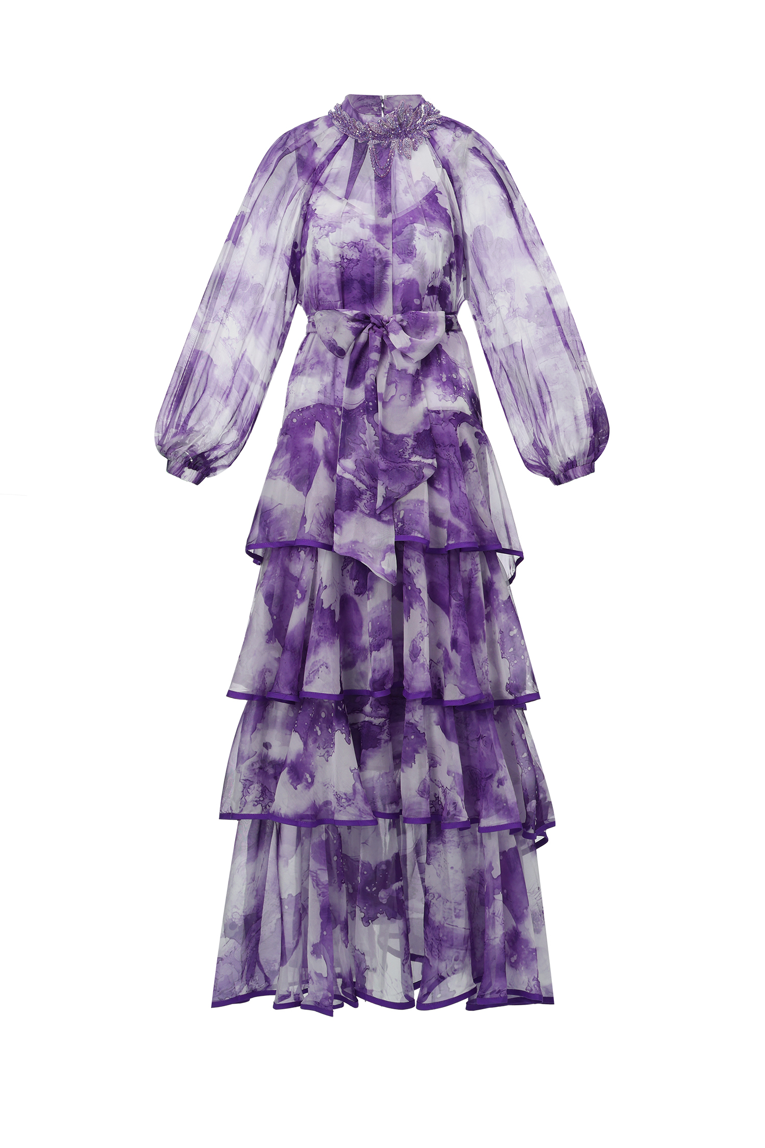 Jolie Round Neck Long Sleeves Floral Printed Folds Maxi Dress