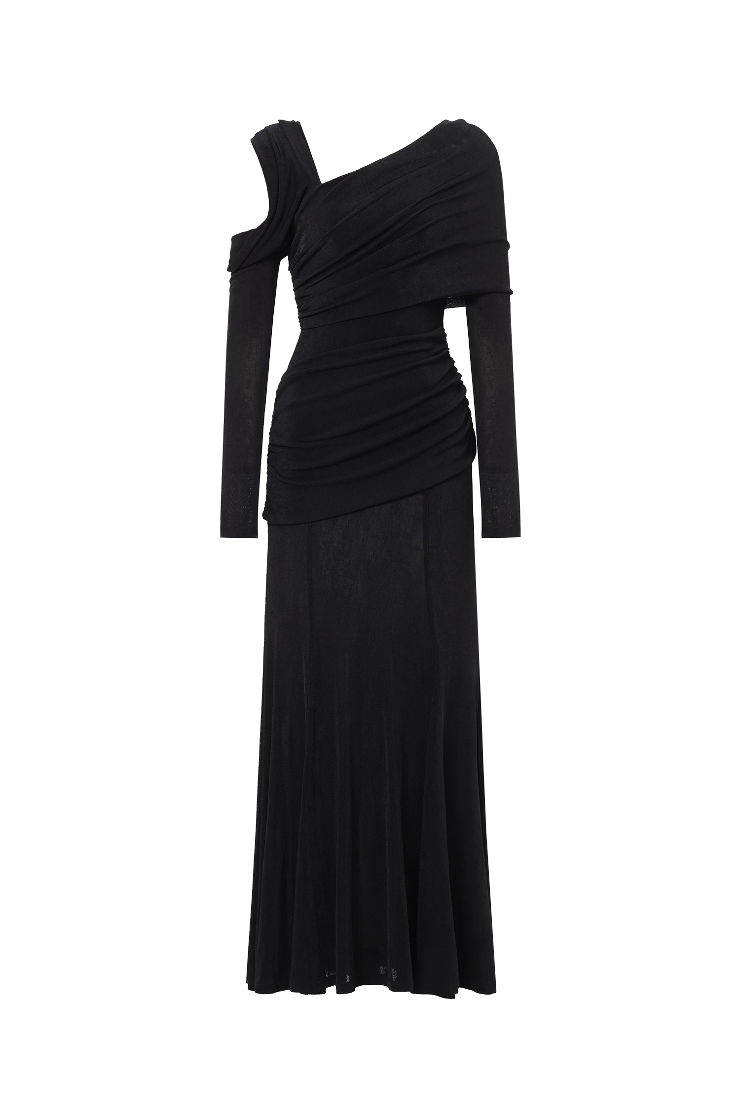 Luysa Elegant Contour One Shoulder Ruched Knit Black Maxi Dress