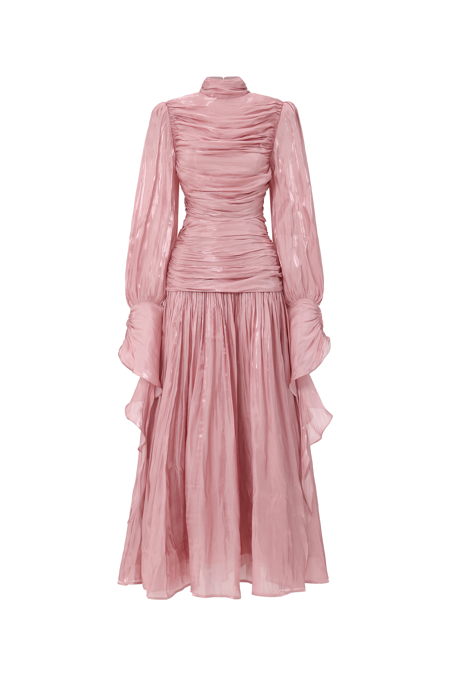 Viky Resort Waist-Defining Long Sleeve Ruched Woven Dark Pink Maxi Dress