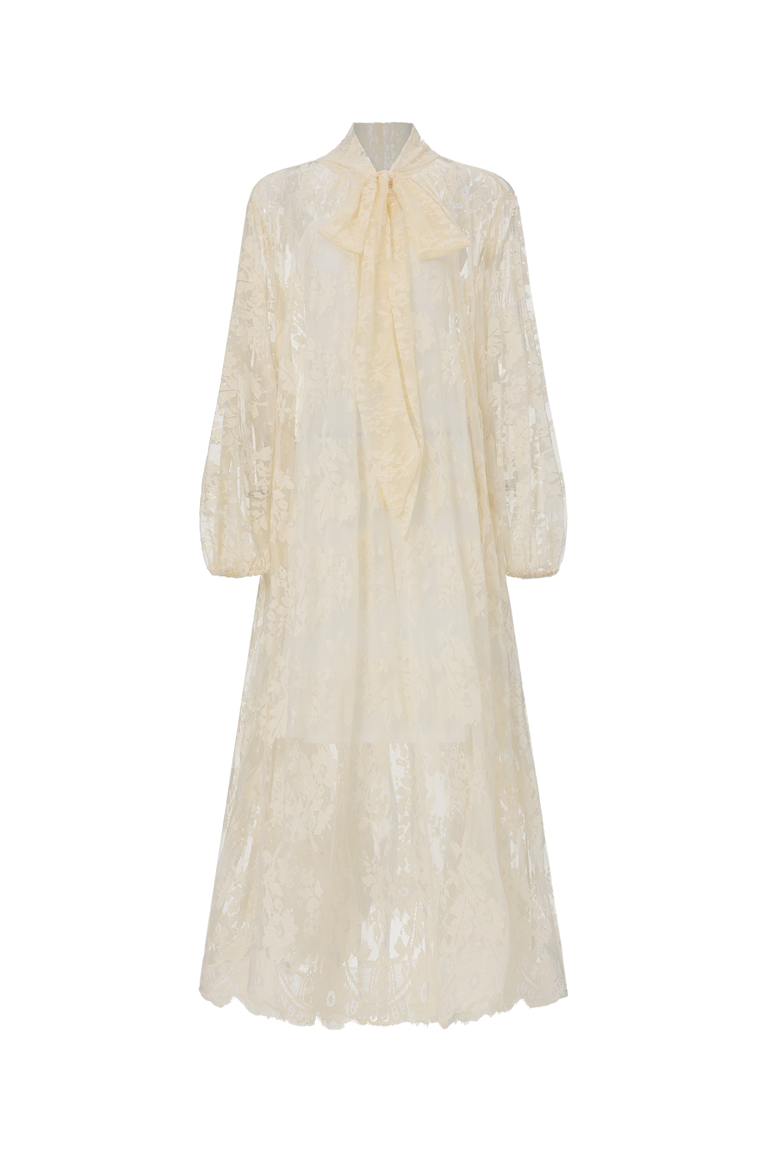 Deliyn Resort Flowy Long Sleeve Embroidered Mesh Lace Yellow Maxi Dress
