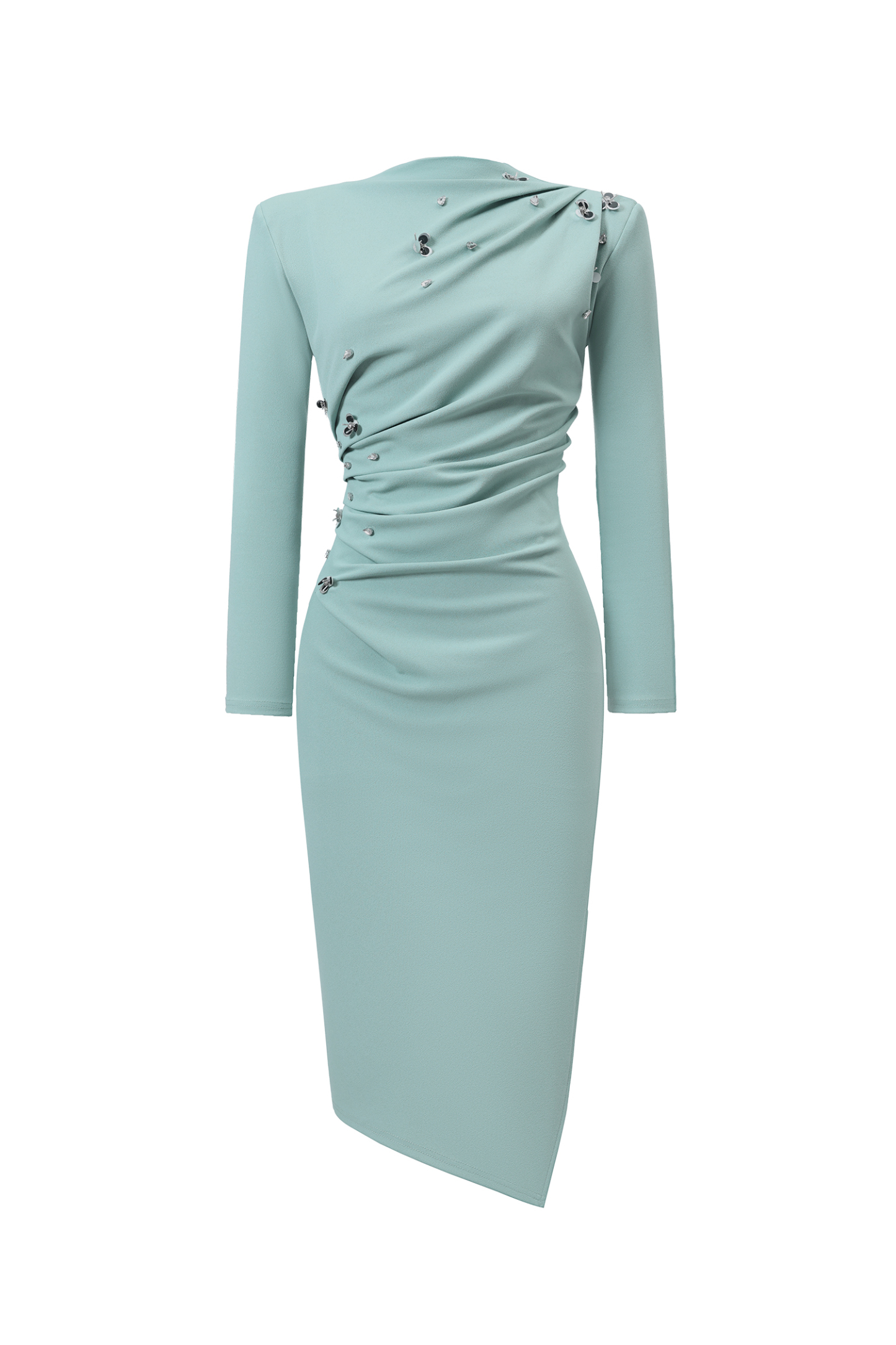 Nina Elegant Cinched Waist Long Sleeve Sequin Floral Pleated Knit Midi Dress