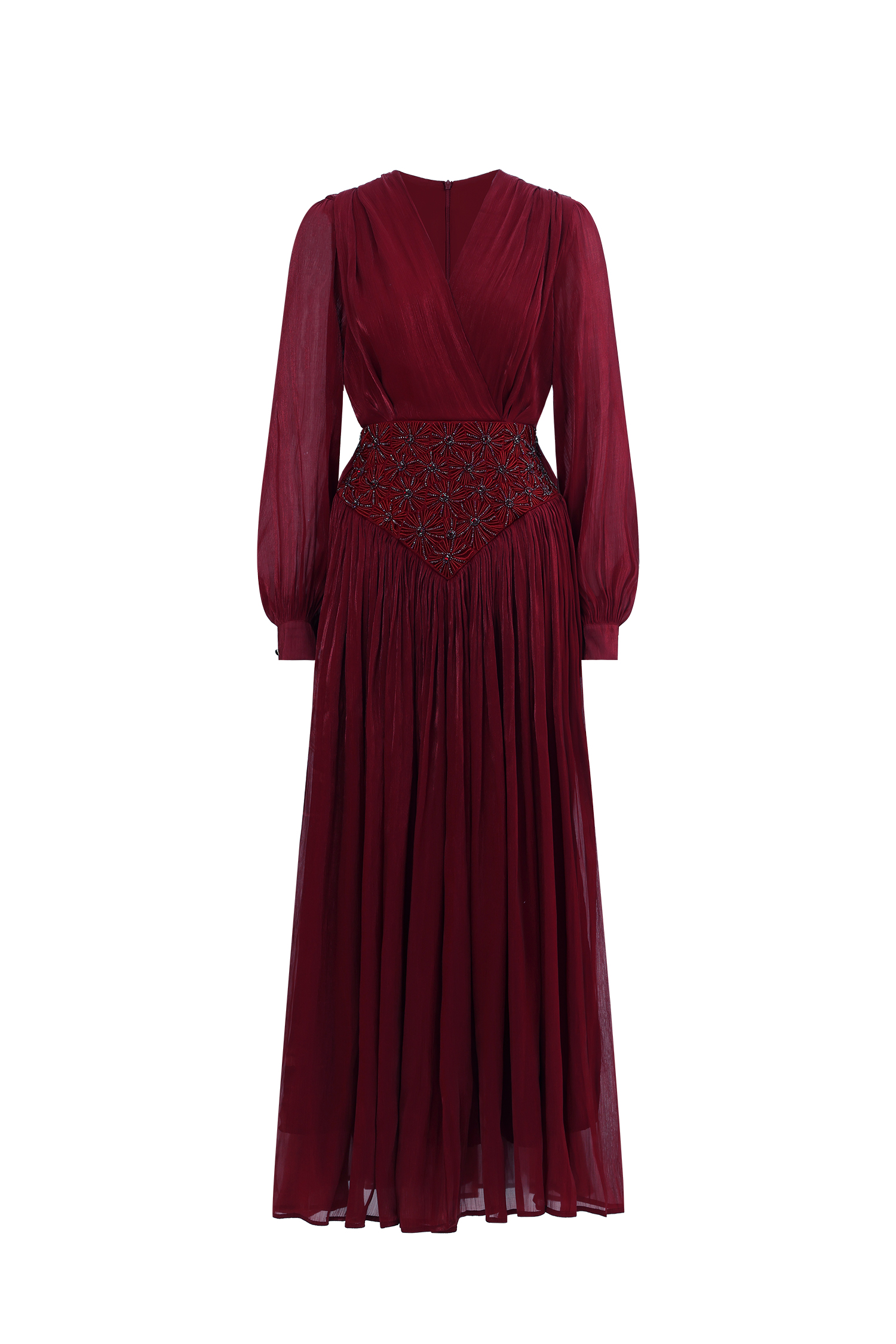 Viki Bohemian Flowy V-Neck Long Sleeve Pleated Beaded Woven Red Maxi Dress