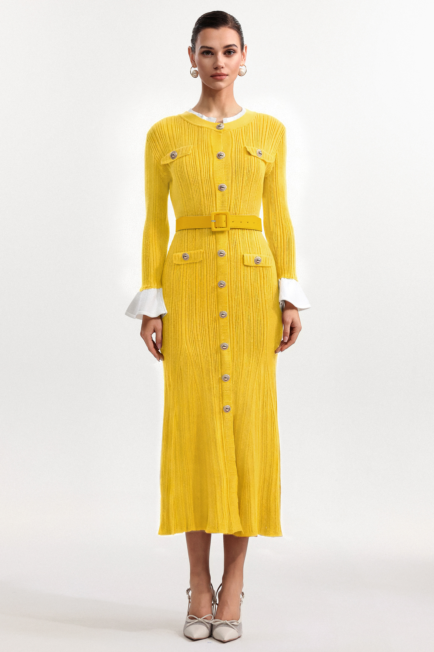 Mikko Classic Contour Round Neck Long Sleeve Knit Yellow Maxi Dress