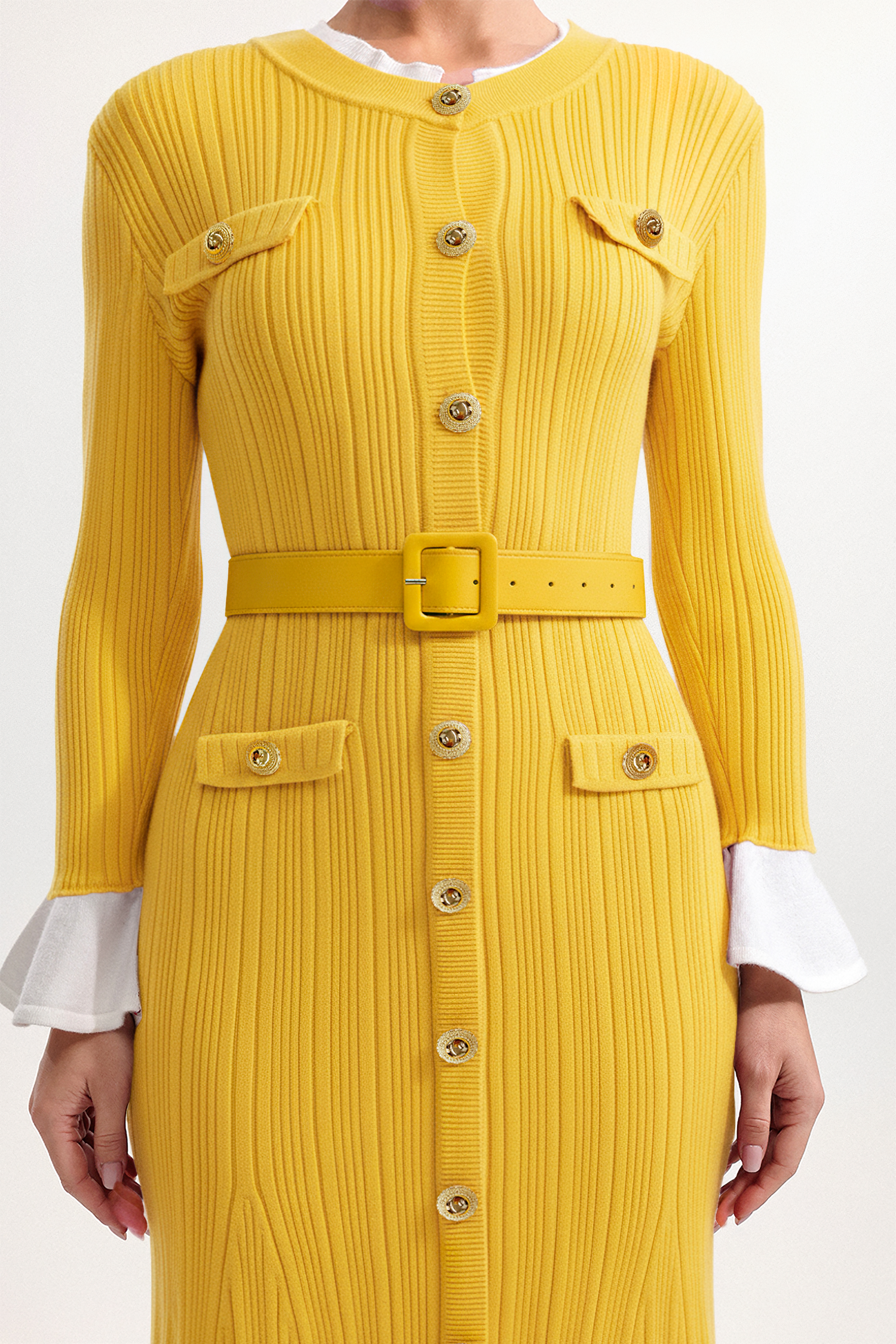 Mikko Classic Contour Round Neck Long Sleeve Knit Yellow Maxi Dress