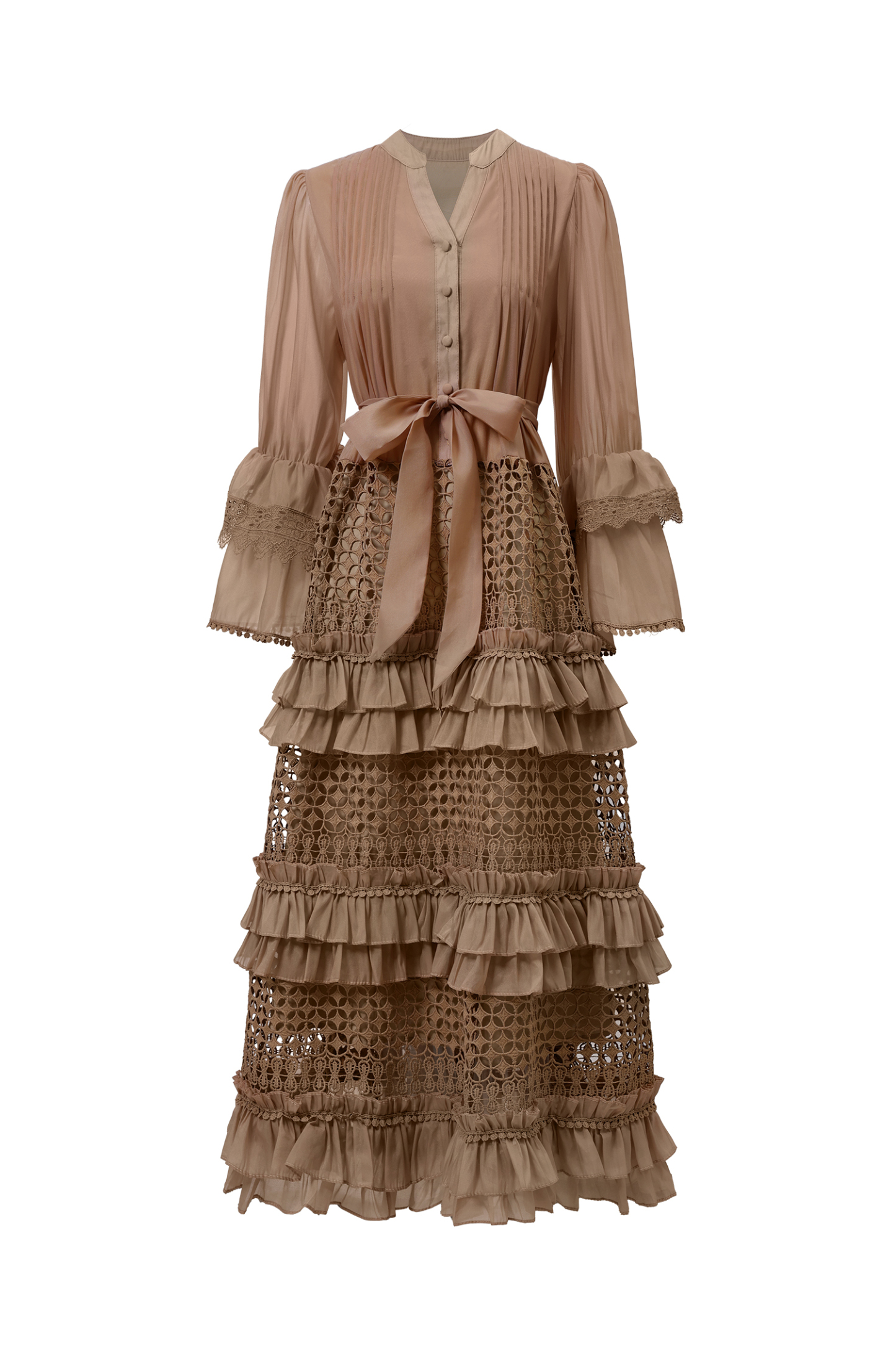 Hakula Resort Flowy Long Sleeve Falbala Lace Woven Maxi Dress