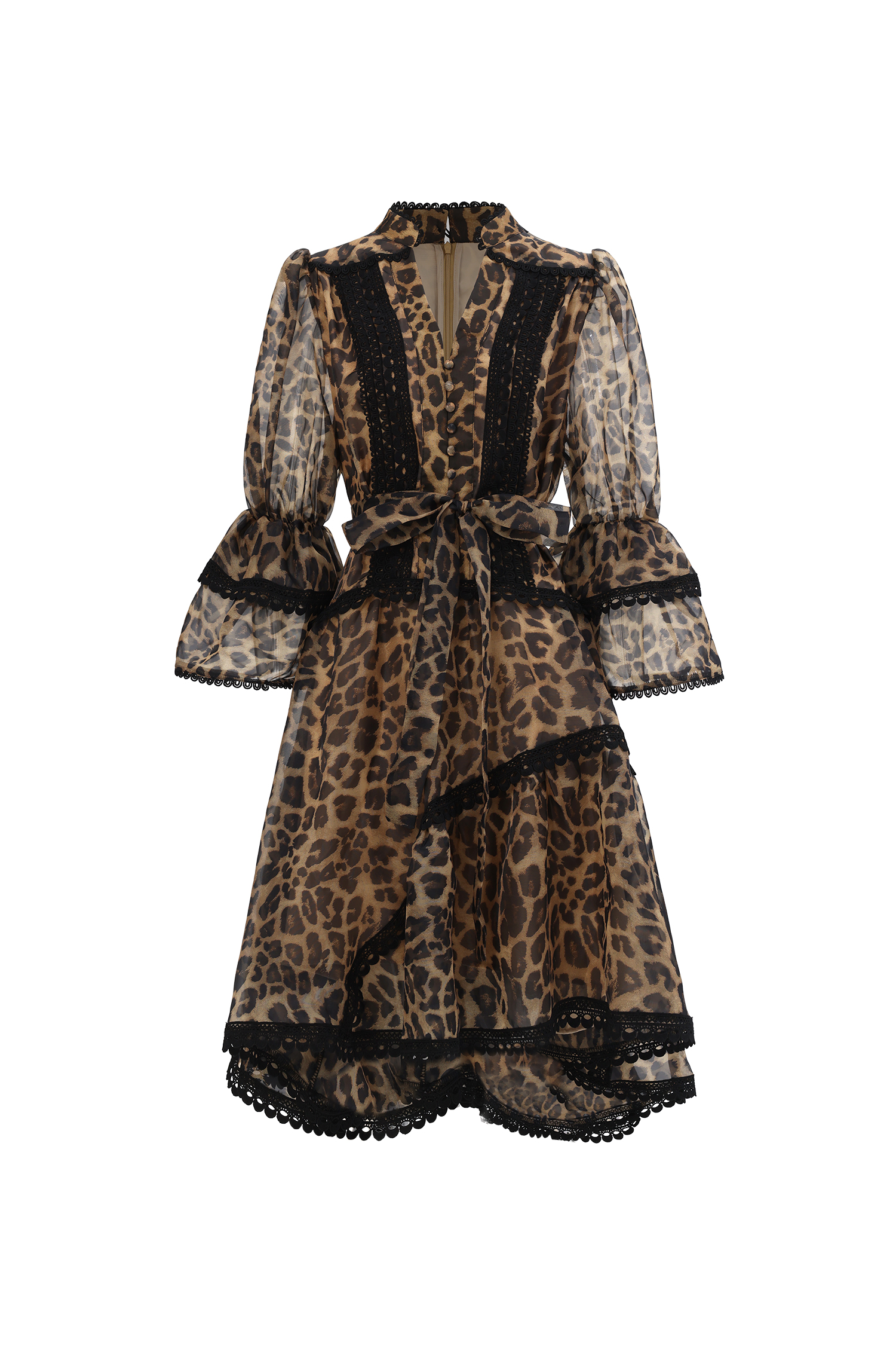 Uhren Resort Flowy V-Neck Long Sleeve Falbala Lace Woven Leopard Print Mini Dress