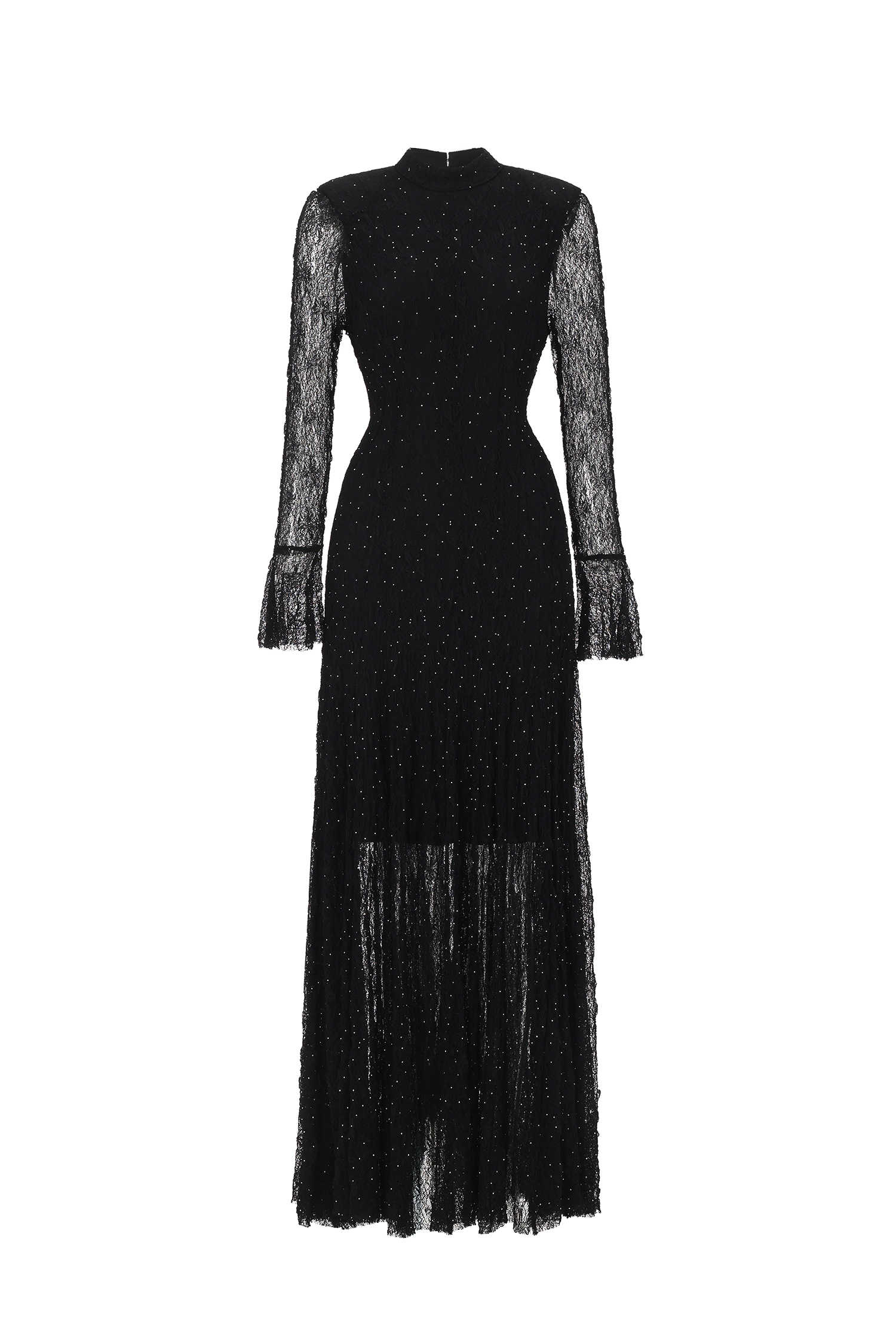 Hunter Elegant Contour Long Sleeve Crystal Lace Black Maxi Dress