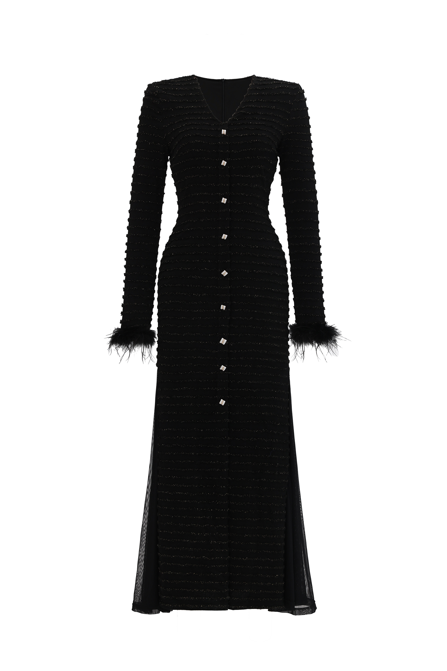 Paul Elegant Contour V Neck Long Sleeve Fluffy Slit Mesh Knit Maxi Dress