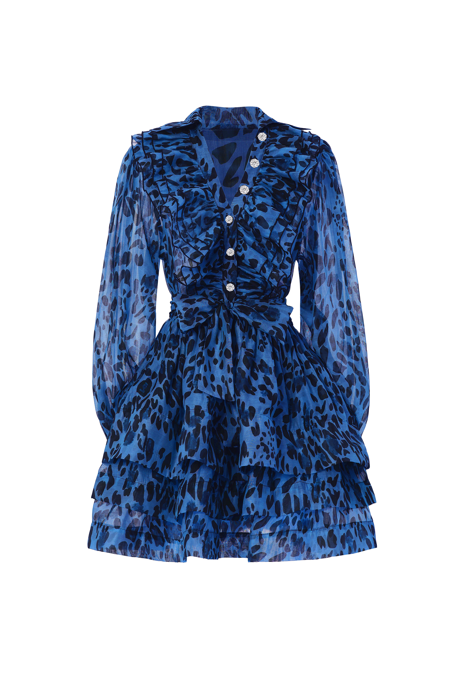 Sekani Resort Flowy Long Sleeve Ruffle Leopard Print Woven Mini Dress