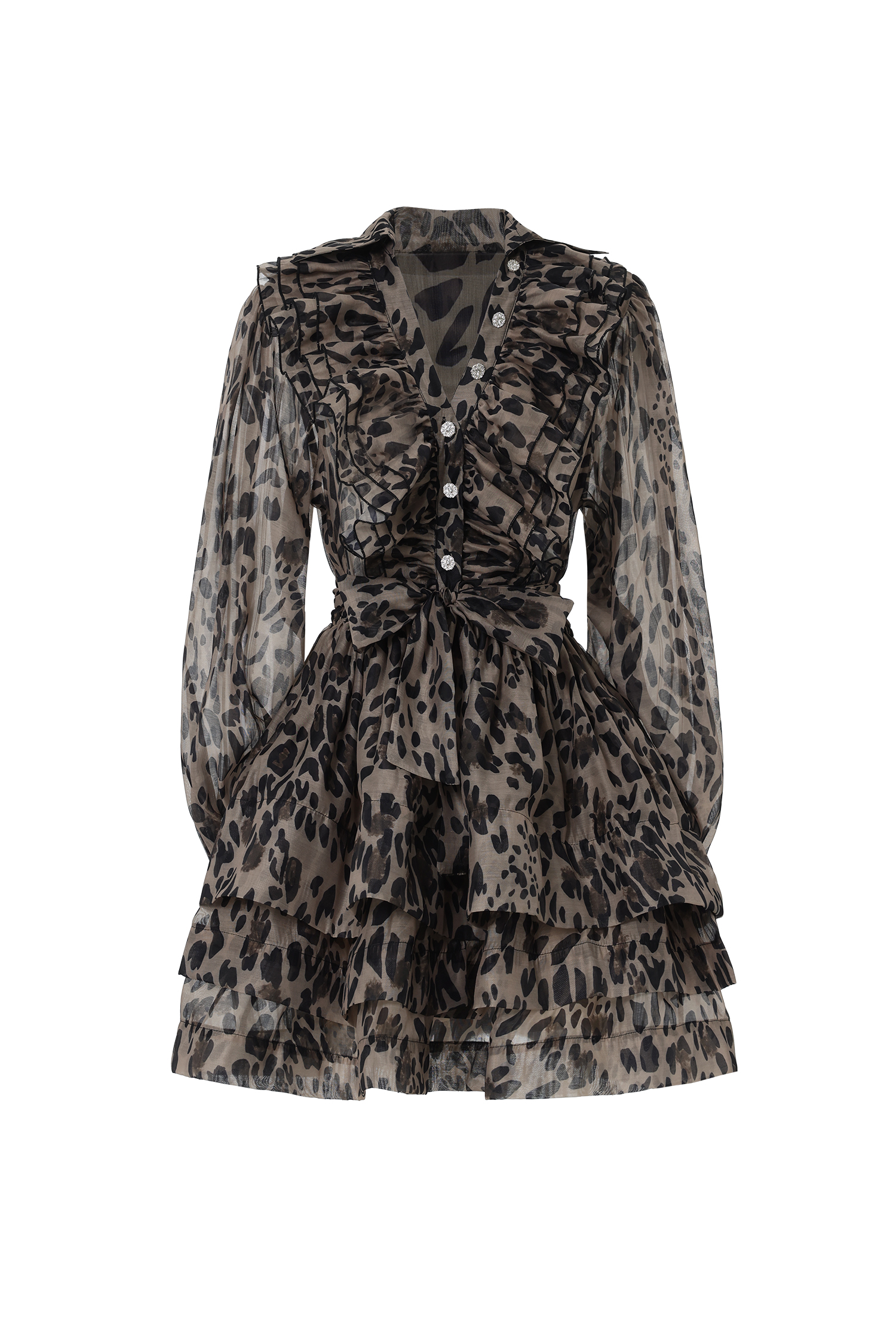 Sekani Resort Flowy Long Sleeve Ruffle Leopard Print Woven Mini Dress