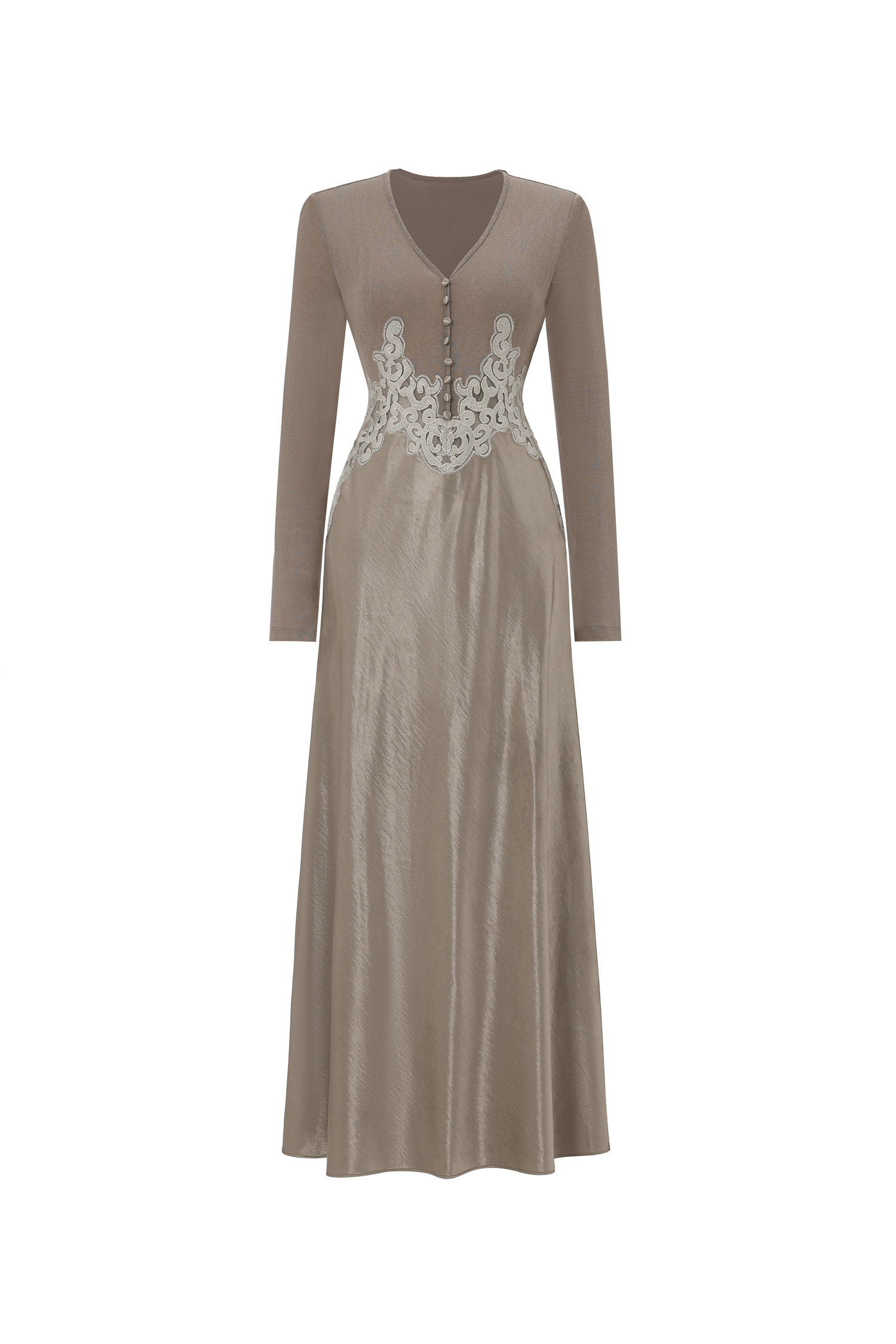 Kaia Elegant Contour Long Sleeve Buttoned Lace Knit Maxi Dress