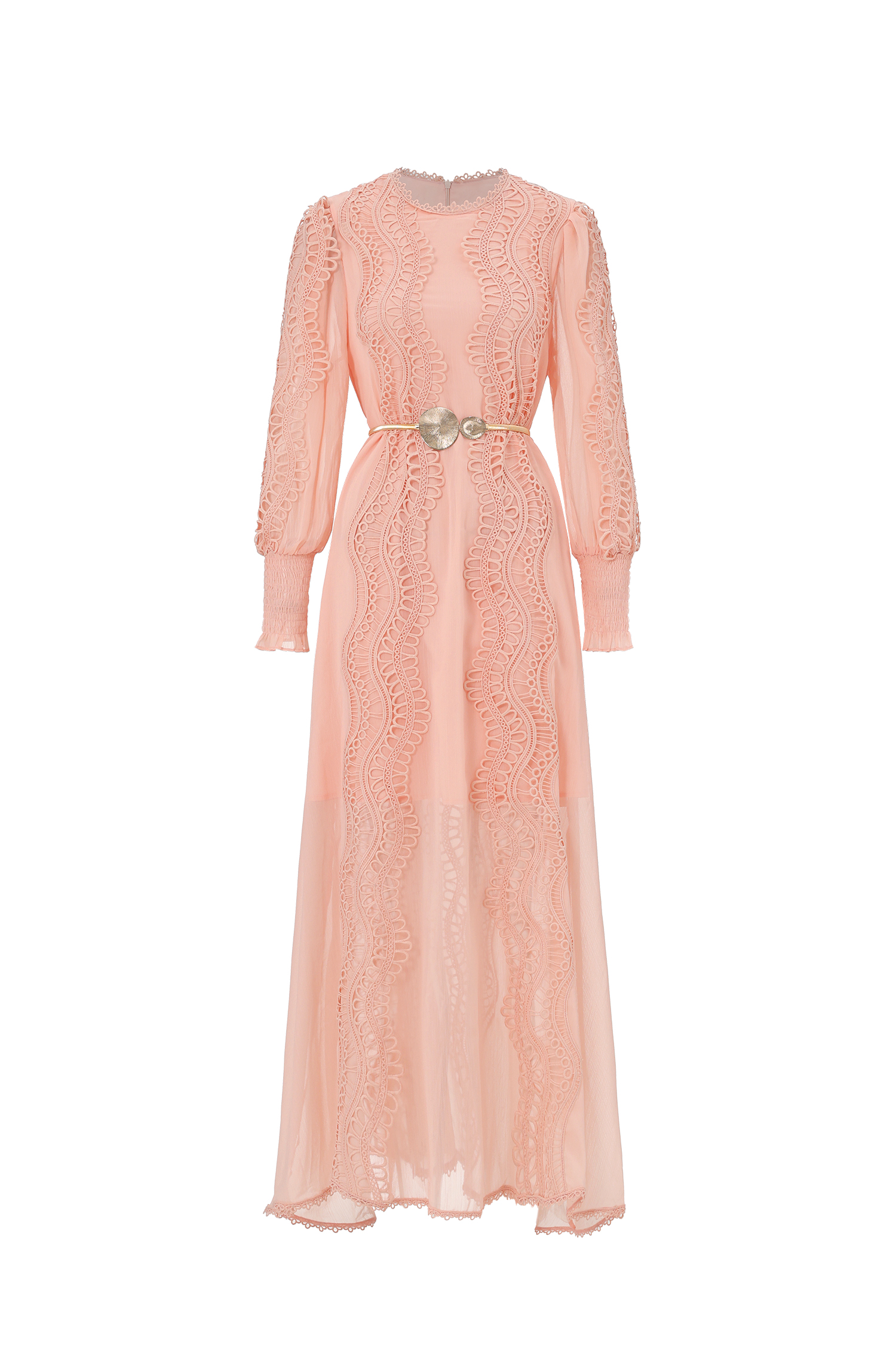 Pola Resort Flowy Round Neck Long Sleeve Floral Lace Woven Pink Maxi Dress