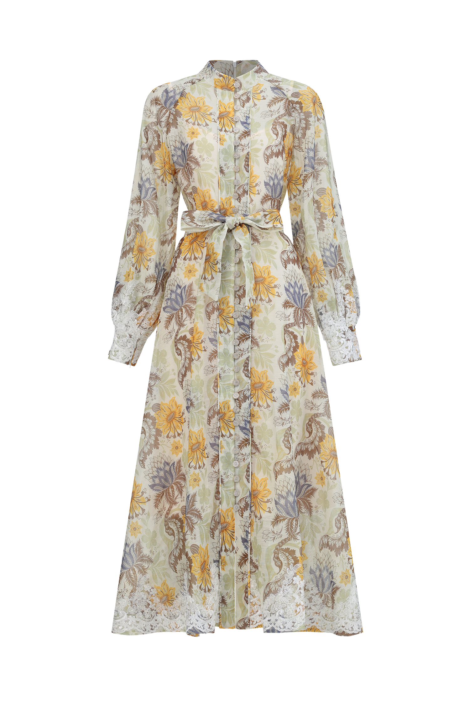 Rosi Resort Flowy Long Sleeve Floral Print Lace Woven Maxi Dress