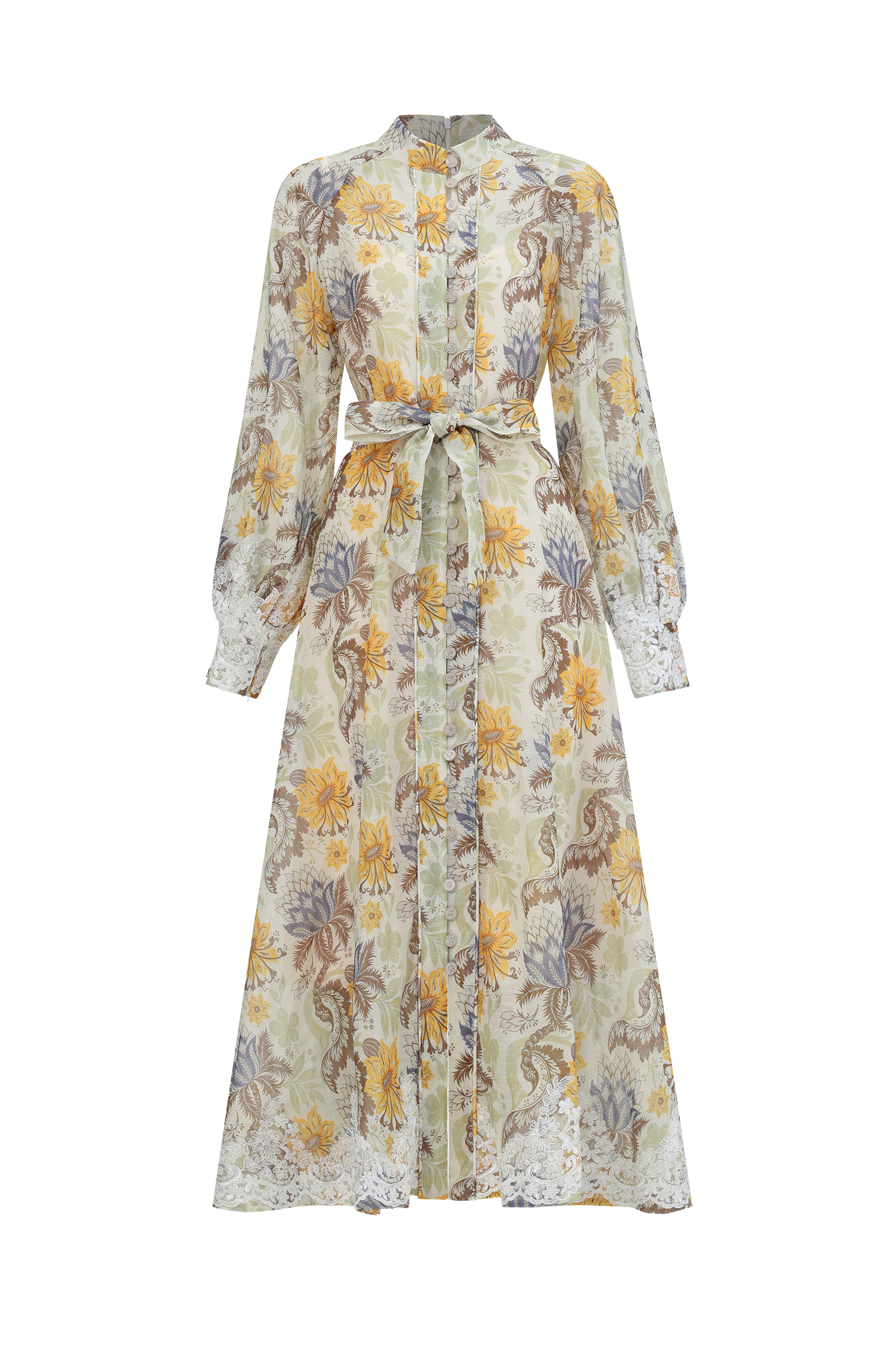 Rosi Resort Flowy Long Sleeve Floral Print Lace Woven Maxi Dress